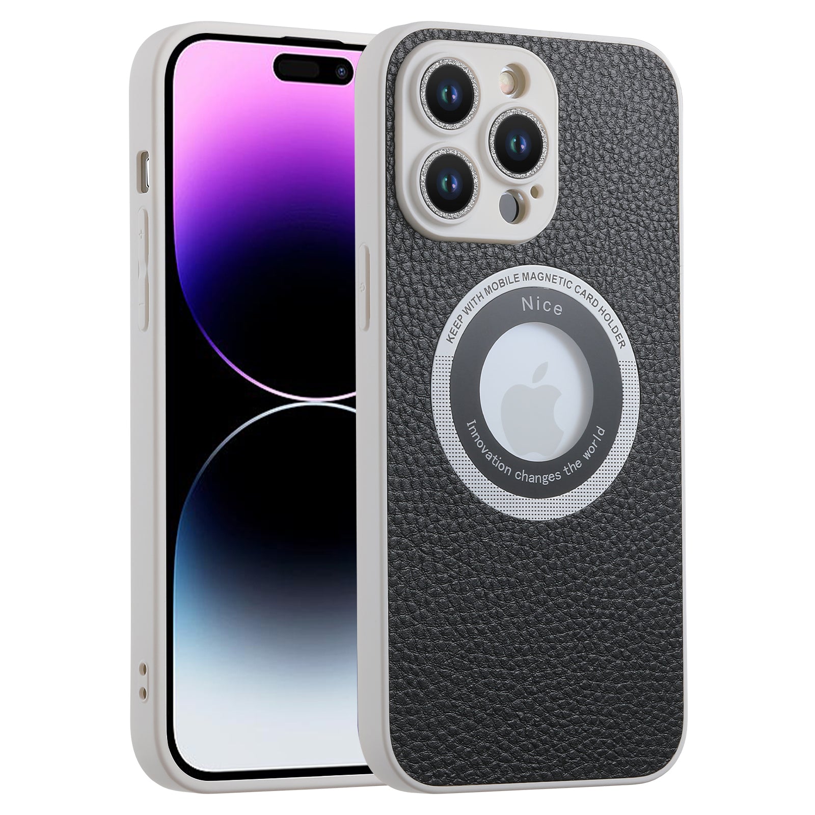 Pro iPhone 14 Pro Leather Coated TPU Phone Case Kompatibilní s ochranným krytem MagSafe Glitter Glass Lens Protector na telefon