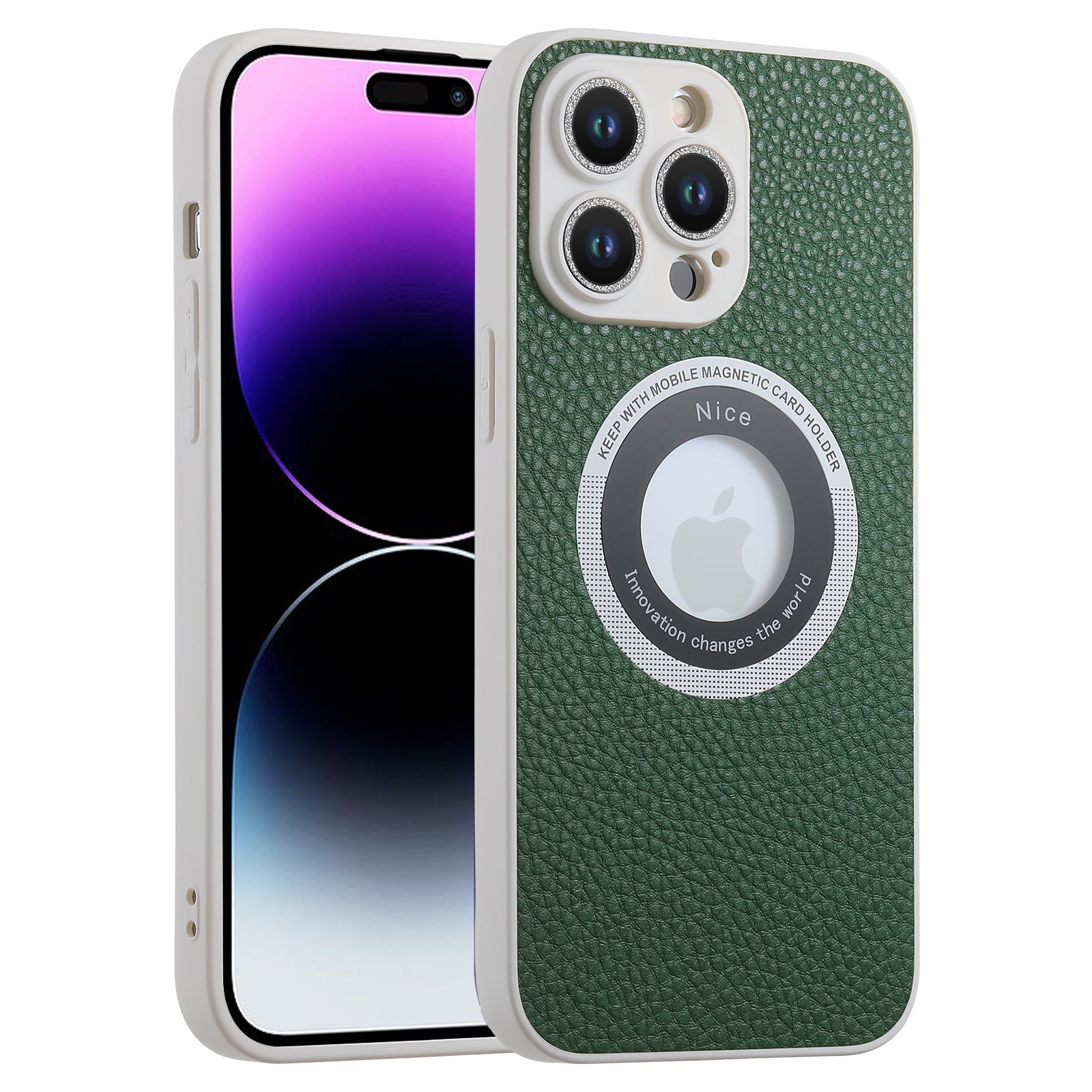 Pro iPhone 14 Pro Leather Coated TPU Phone Case Kompatibilní s ochranným krytem MagSafe Glitter Glass Lens Protector na telefon