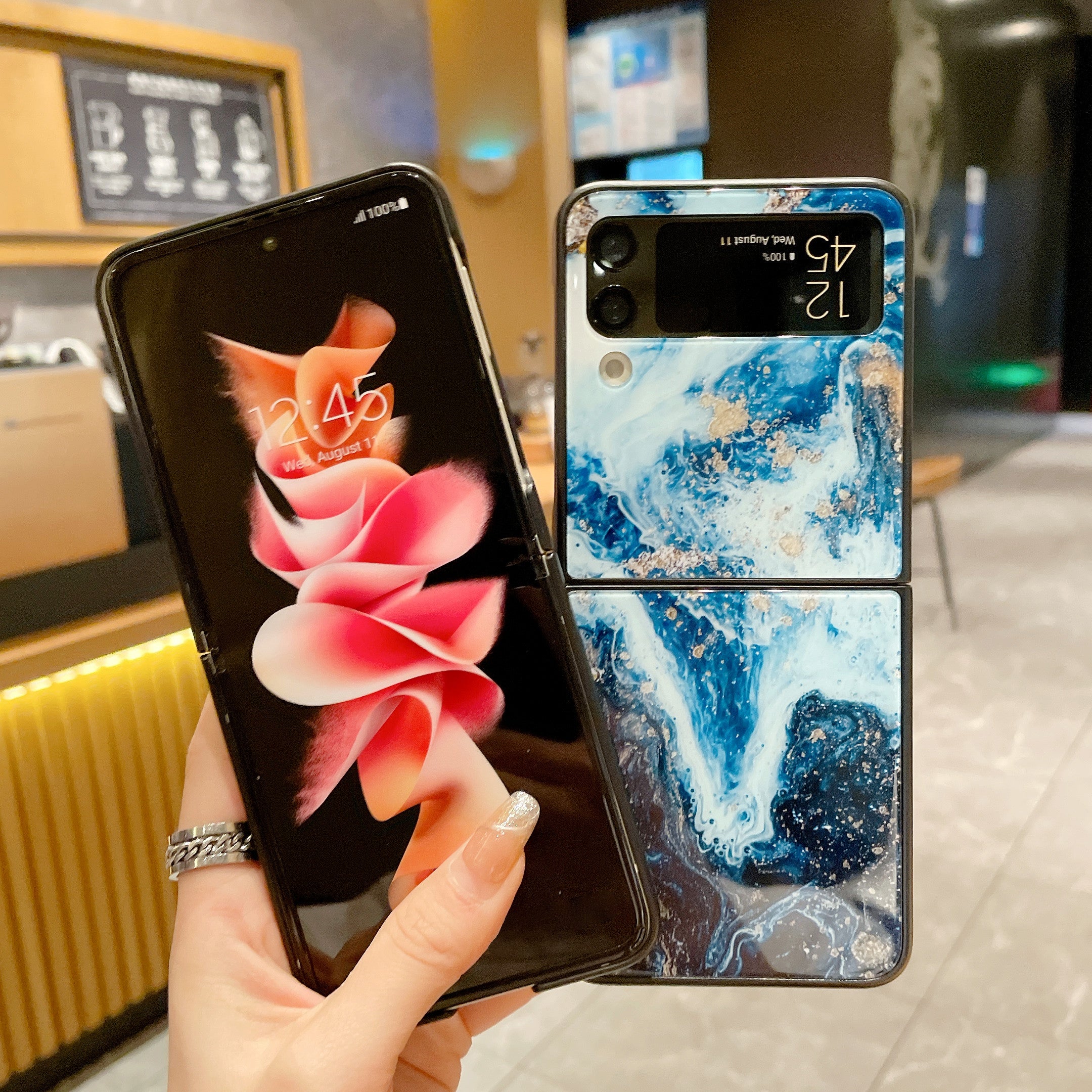 For Samsung Galaxy Z Flip3 5G Marble Pattern Phone Case Glass PC Protective Phone Cover