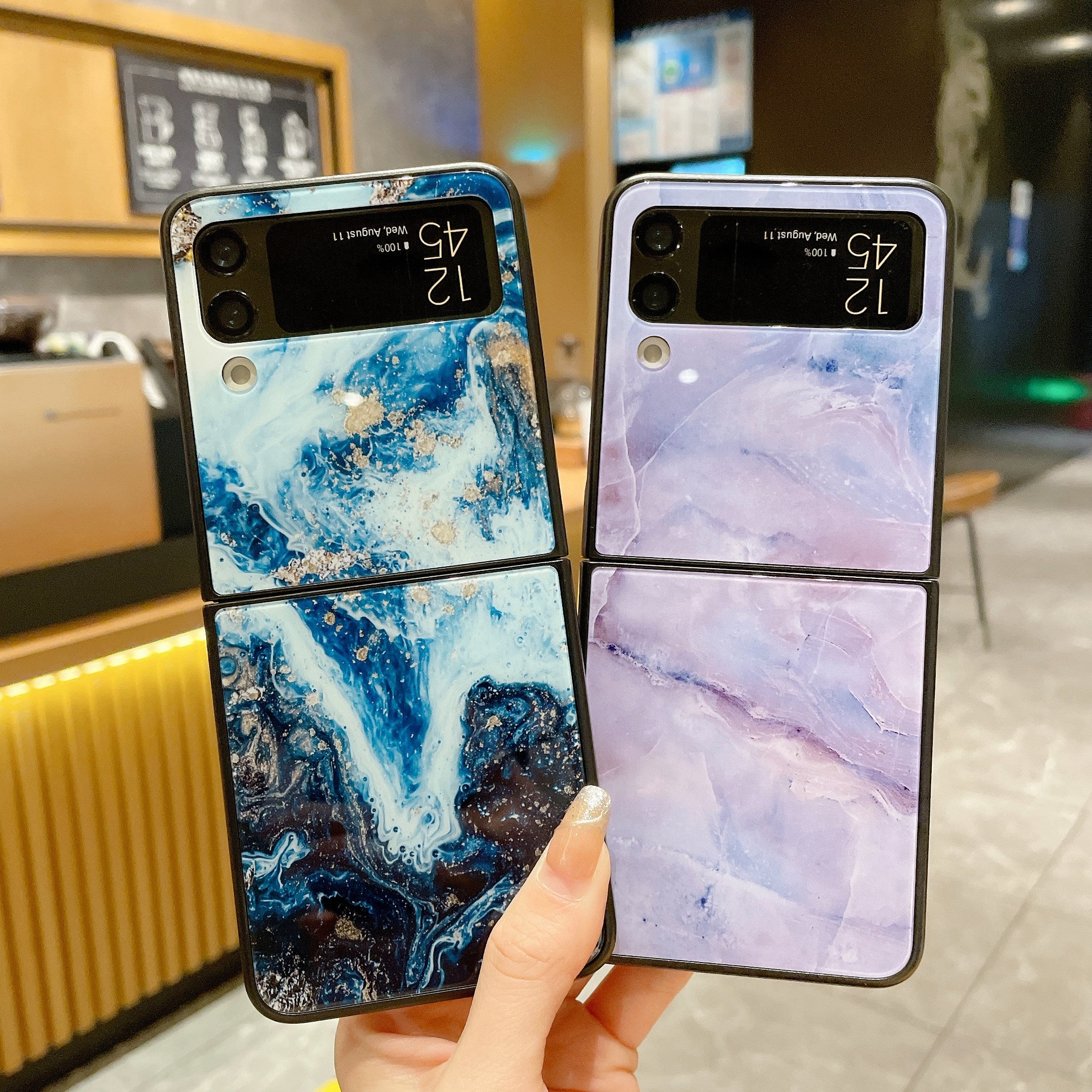 For Samsung Galaxy Z Flip3 5G Marble Pattern Phone Case Glass PC Protective Phone Cover