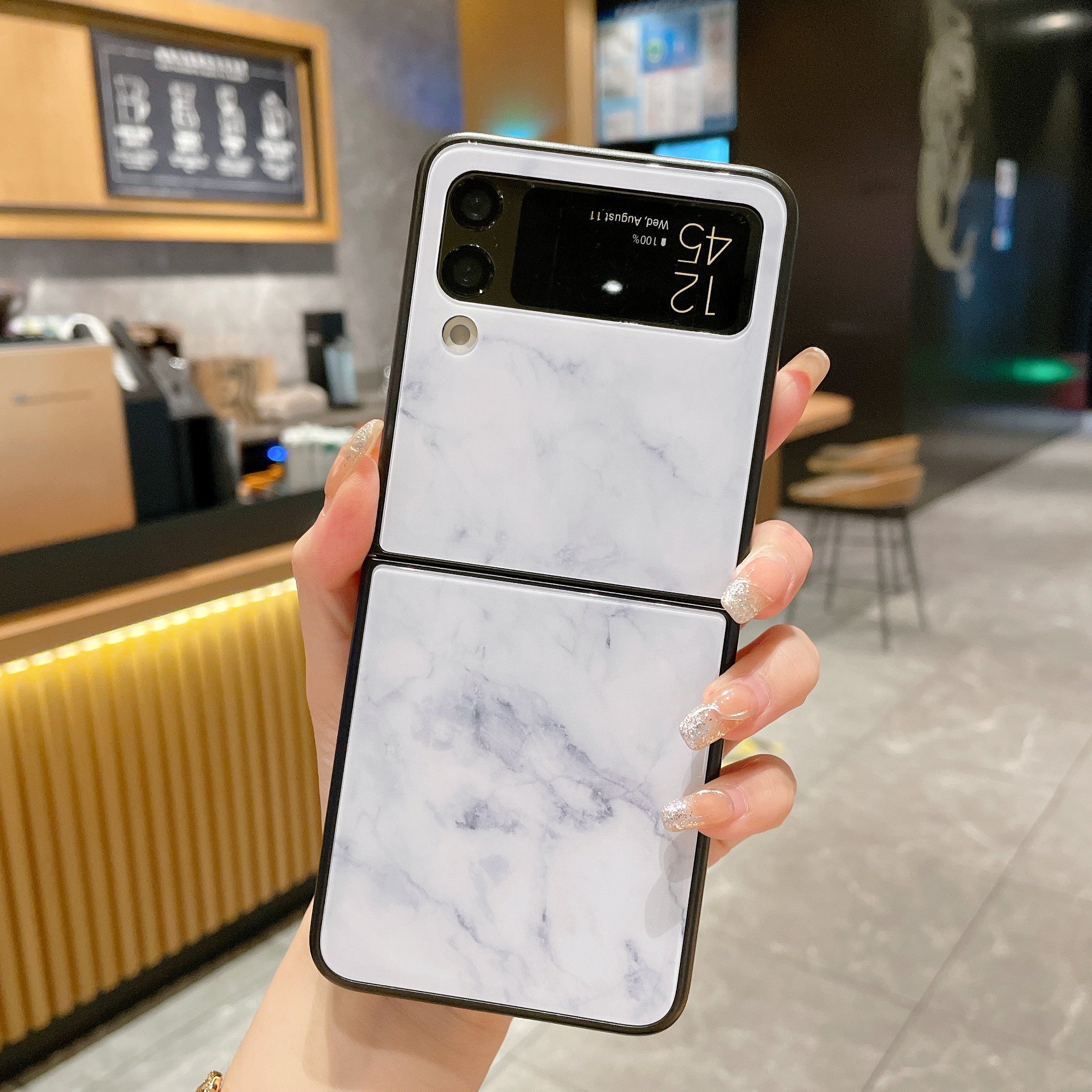 For Samsung Galaxy Z Flip3 5G Marble Pattern Phone Case Glass PC Protective Phone Cover