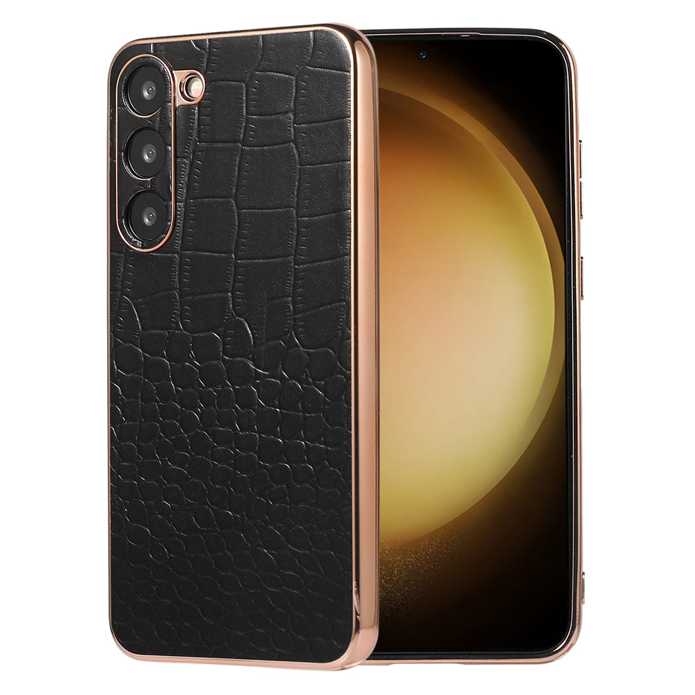 For Samsung Galaxy S23 Cell Phone Case Nano Electroplating Genuine Cowhide Leather Coated TPU PC Cover
