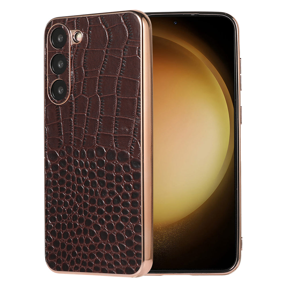 For Samsung Galaxy S23 Cell Phone Case Nano Electroplating Genuine Cowhide Leather Coated TPU PC Cover