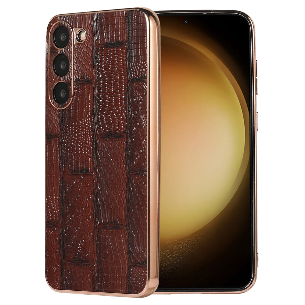For Samsung Galaxy S23 Nano Electroplating Phone Case Mahjong Texture Genuine Cowhide Leather PC TPU Cover