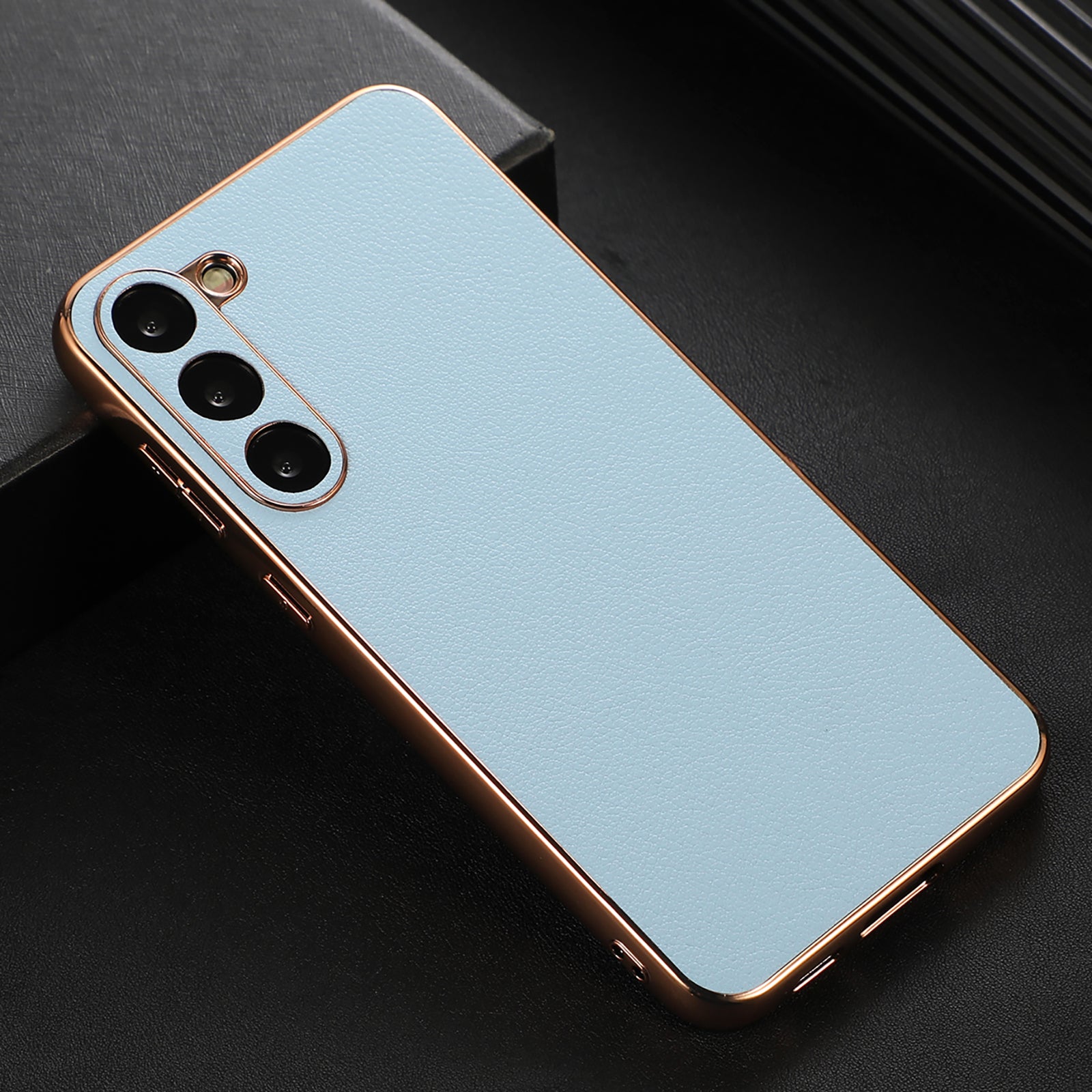 For Samsung Galaxy S23 Nano Electroplating Phone Cover Textured Genuine Cowhide Leather PC TPU Phone Case