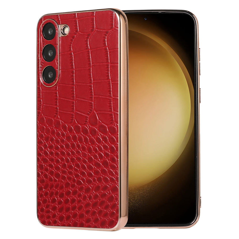 For Samsung Galaxy S23 Nano Electroplating Phone Case Genuine Cowhide Leather Coated TPU PC Cover