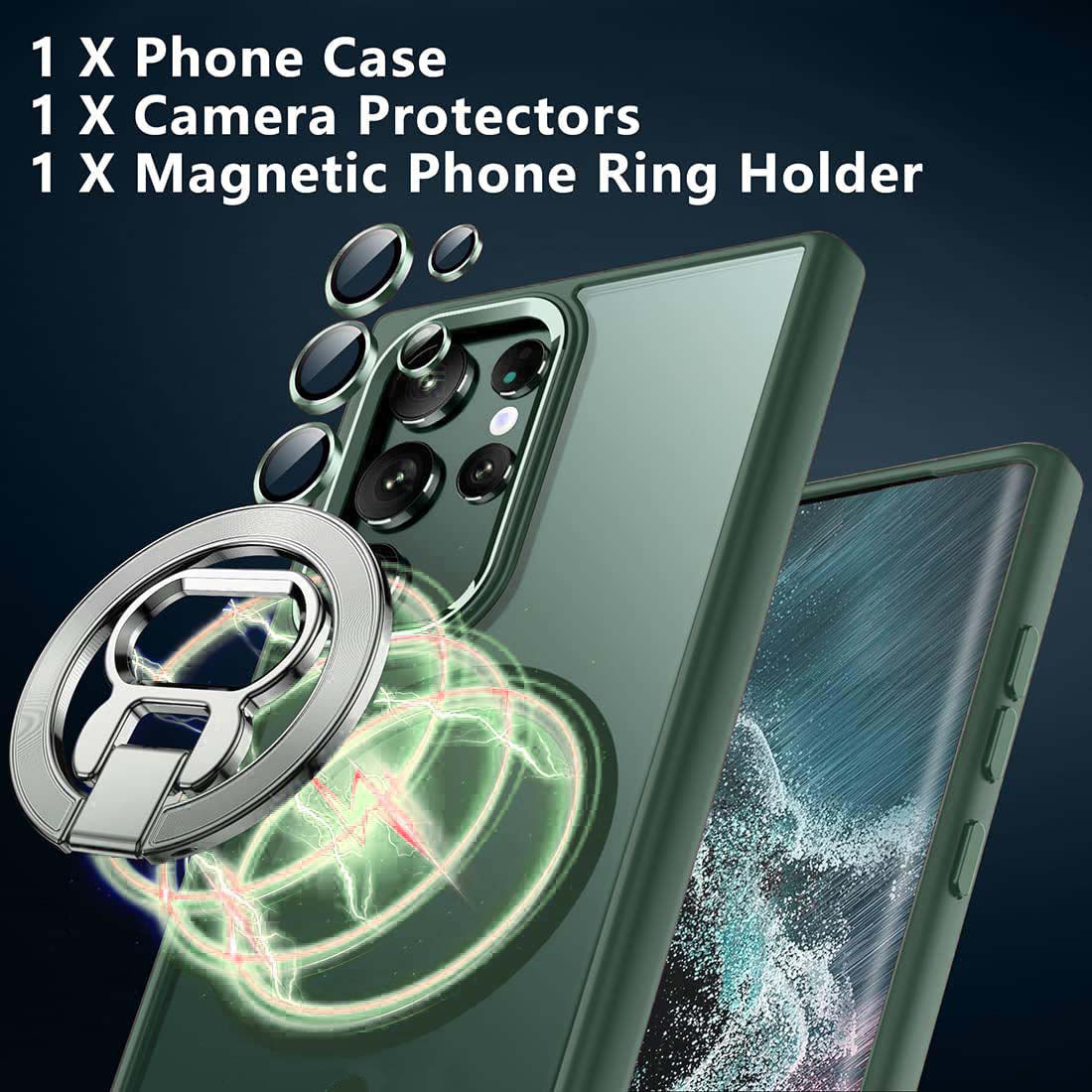 For Samsung Galaxy S23 Ultra Magnetic Phone Case Kickstand PC Cover with Tempered Glass Lens Protector