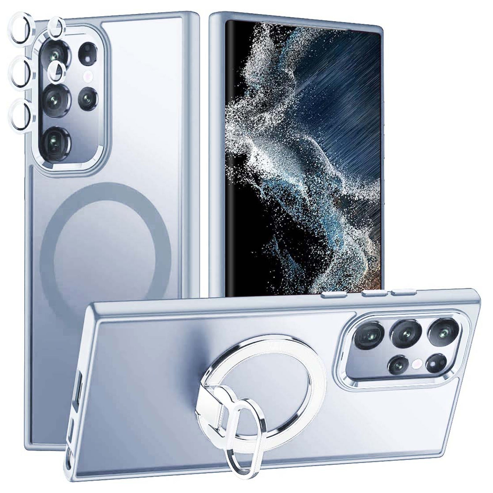 For Samsung Galaxy S23 Ultra Magnetic Phone Case Kickstand PC Cover with Tempered Glass Lens Protector