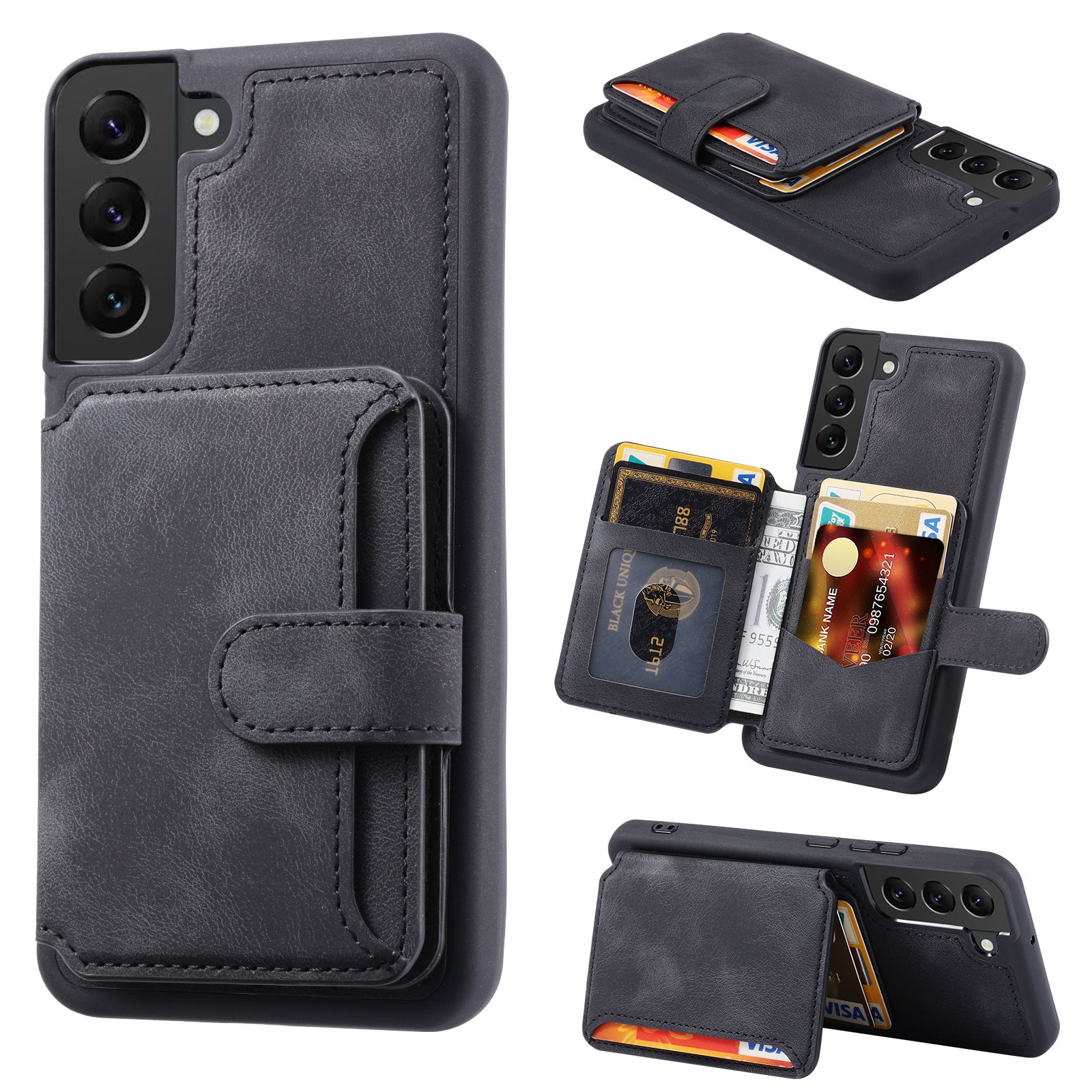 For Samsung Galaxy S22 5G RFID Blocking Phone Case Leather Coated TPU Kickstand Wallet Phone Cover