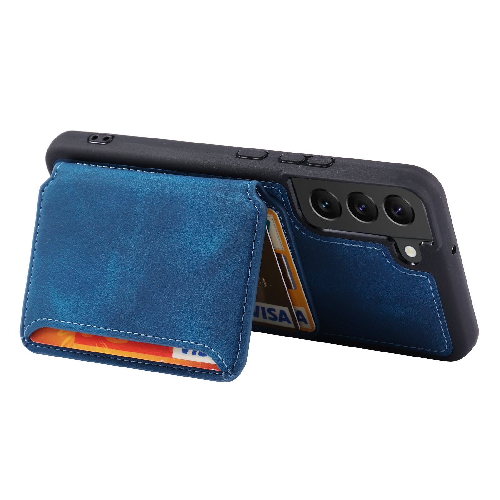 For Samsung Galaxy S22 5G RFID Blocking Phone Case Leather Coated TPU Kickstand Wallet Phone Cover