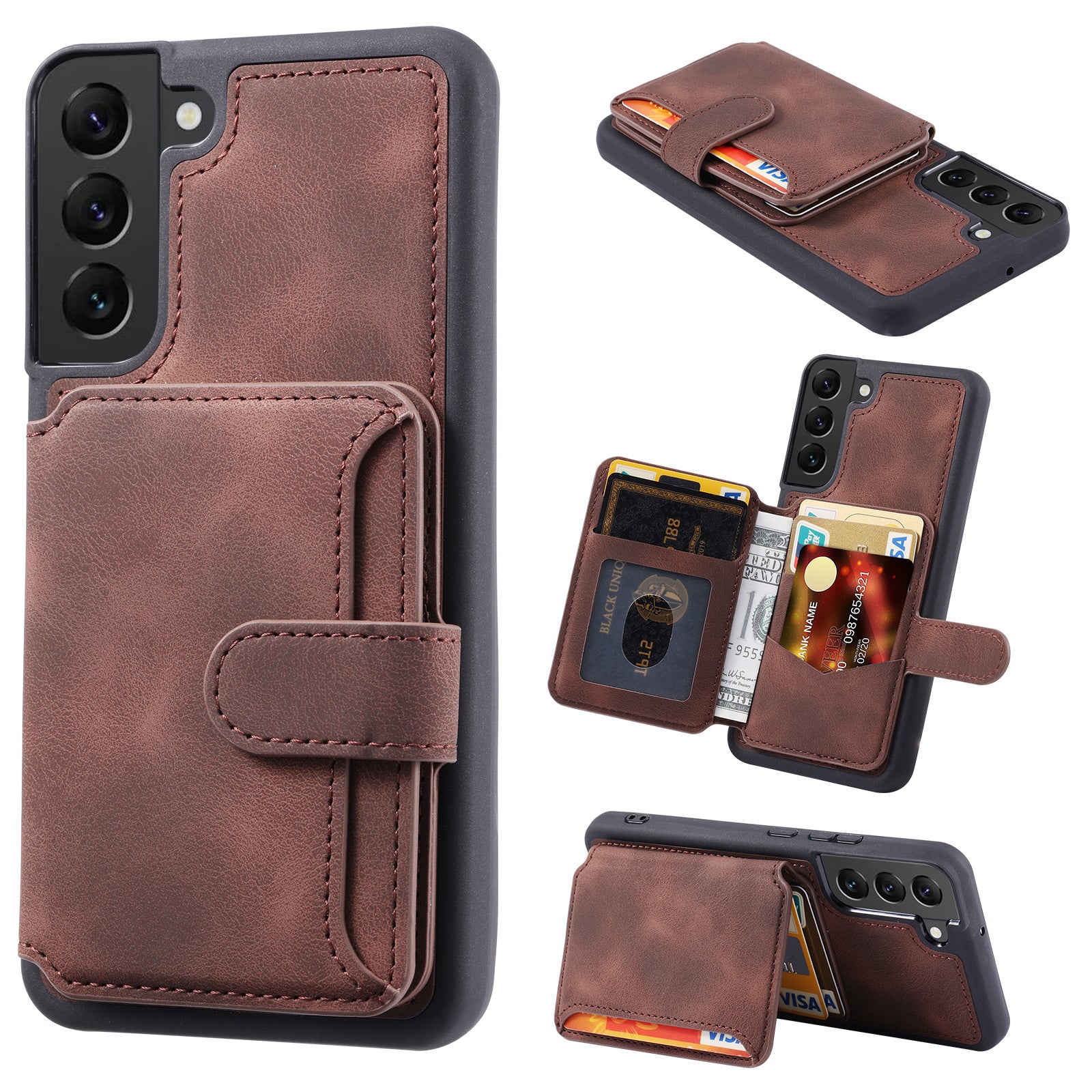 For Samsung Galaxy S22 5G RFID Blocking Phone Case Leather Coated TPU Kickstand Wallet Phone Cover