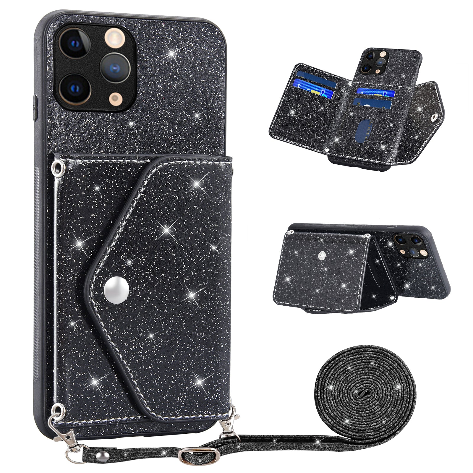 Trekantet Kickstand Kortholder Telefon Etui til iPhone 11 Pro Max 6,5 tommer PU Læder TPU Glittery Powder Telefon Cover