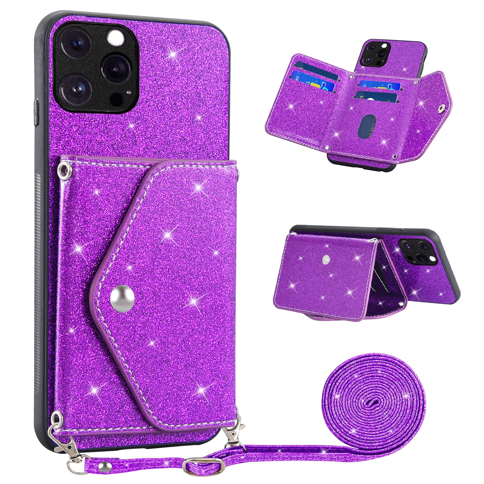 Pro iPhone 12 Pro Glitter pouzdro na telefon Kickstand Držák karet Kožený TPU kryt s popruhem přes rameno