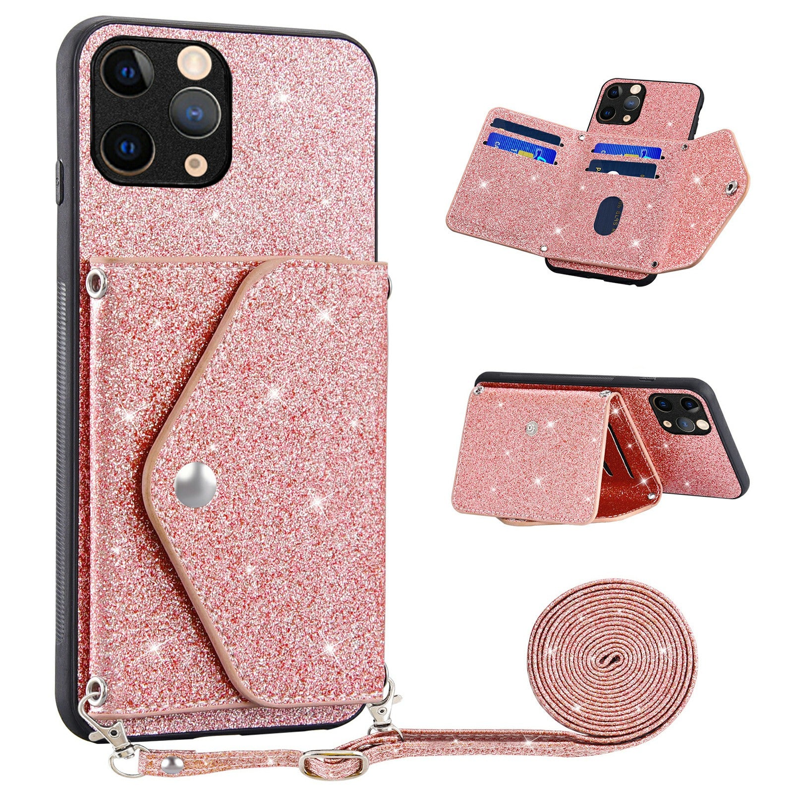 For iPhone 11 Pro 5.8 inch Glittery Powder PU Leather TPU Phone Shell Triangle Card Holder Kickstand Case Cover