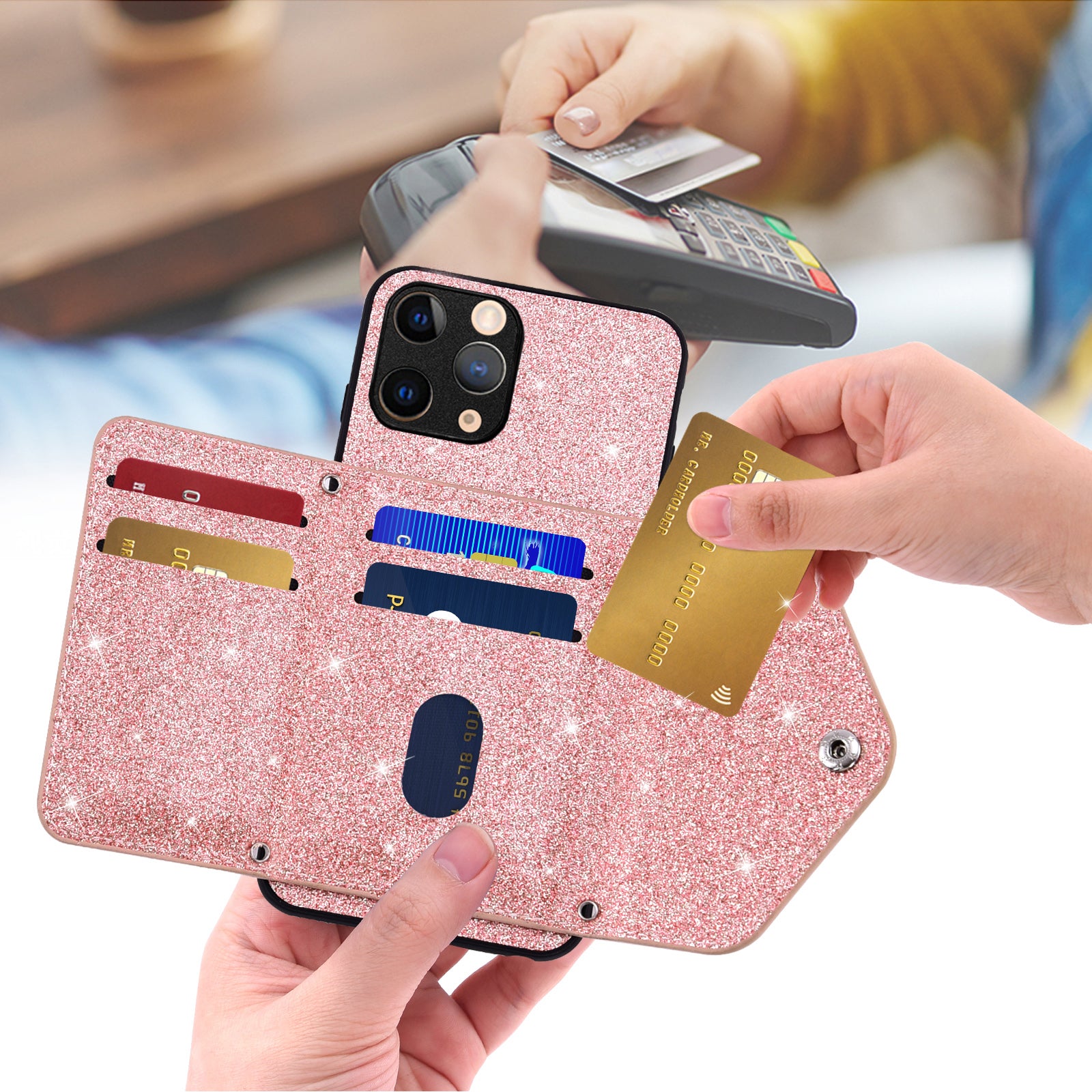 For iPhone 11 Pro 5.8 inch Glittery Powder PU Leather TPU Phone Shell Triangle Card Holder Kickstand Case Cover