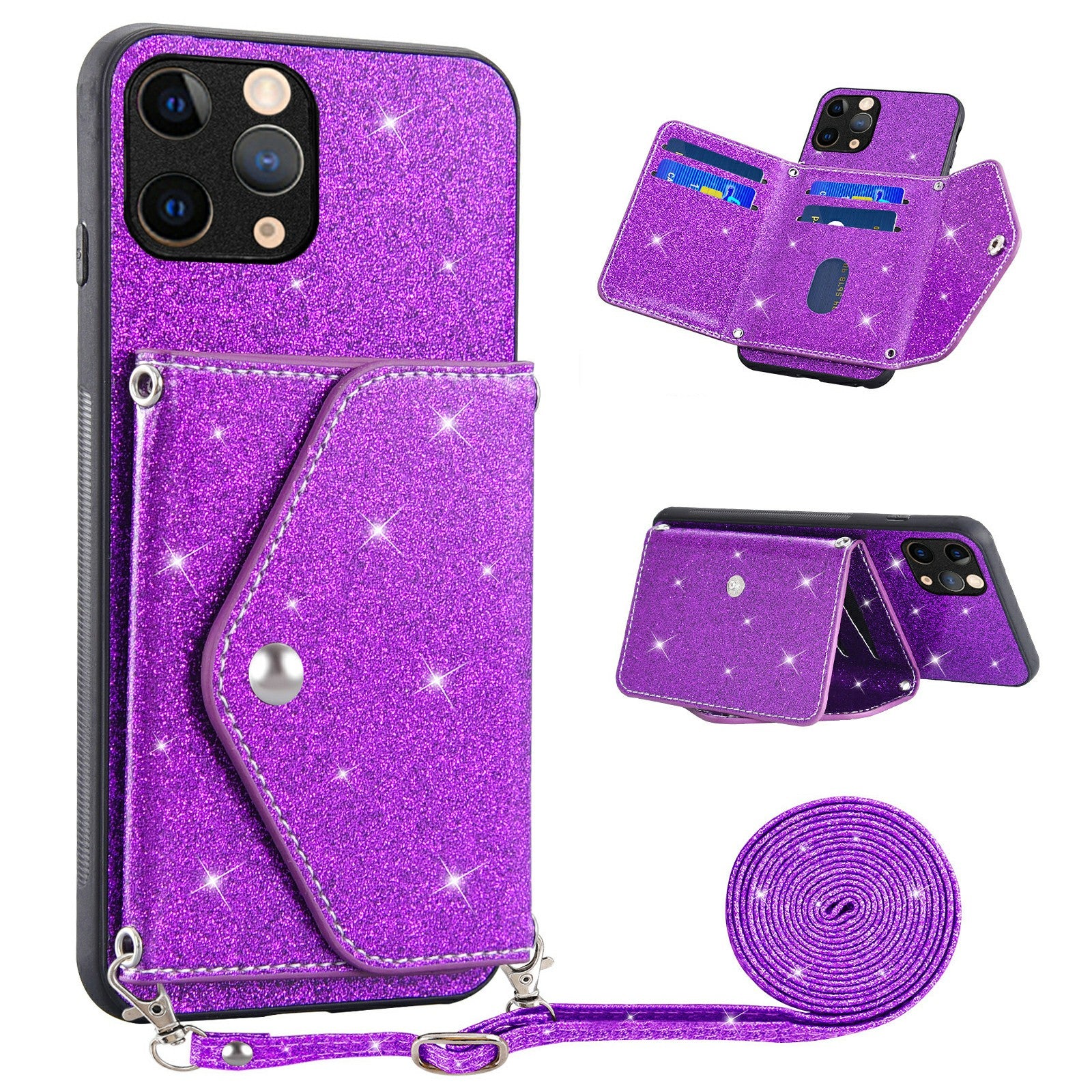 For iPhone 11 Pro 5.8 inch Glittery Powder PU Leather TPU Phone Shell Triangle Card Holder Kickstand Case Cover