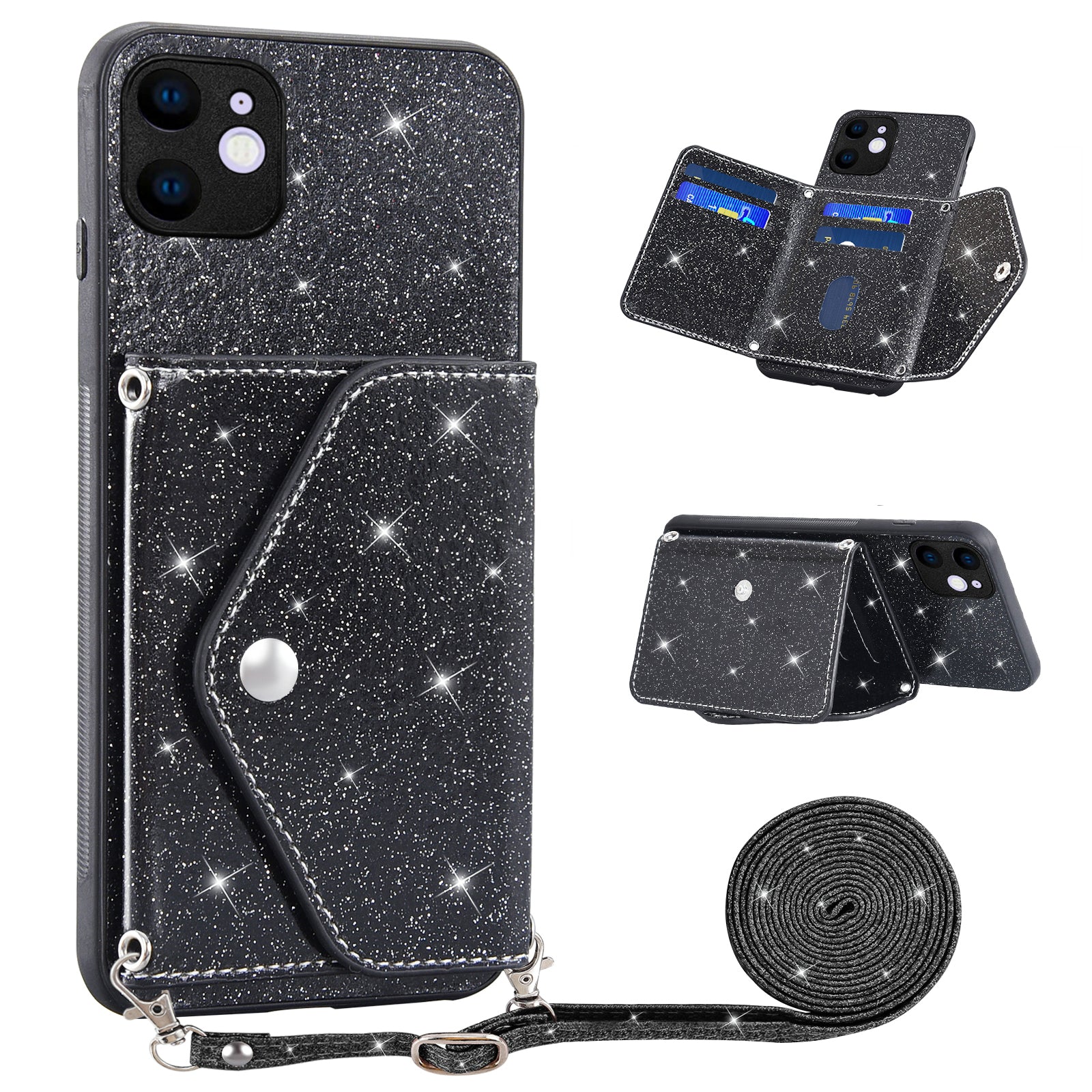 For iPhone 11 6.1 inch PU Leather TPU Glittery Powder Phone Cover Triangle Card Holder Kickstand Phone Case