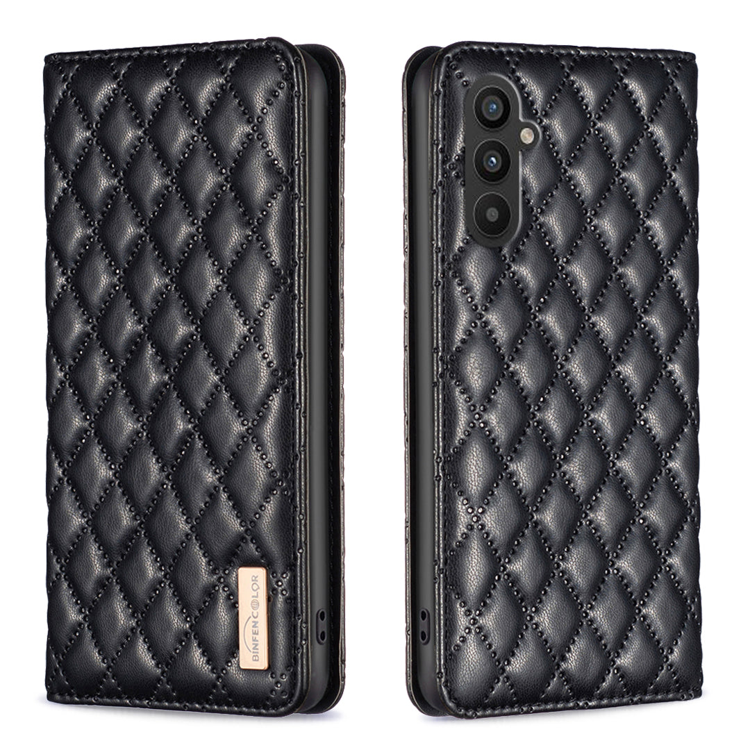 BINFEN COLOR BF Style-16 For Samsung Galaxy A24 4G PU Leather Imprinted Rhombus Case Card Holder Phone Cover