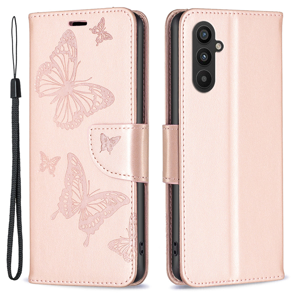 Til Samsung Galaxy A24 4G tegnebogsstativ Telefoncover Butterfly-præget lædertelefoncover med rem
