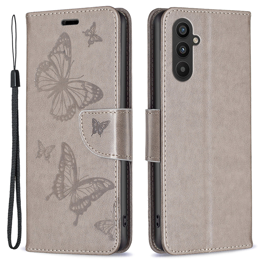 Til Samsung Galaxy A24 4G tegnebogsstativ Telefoncover Butterfly-præget lædertelefoncover med rem