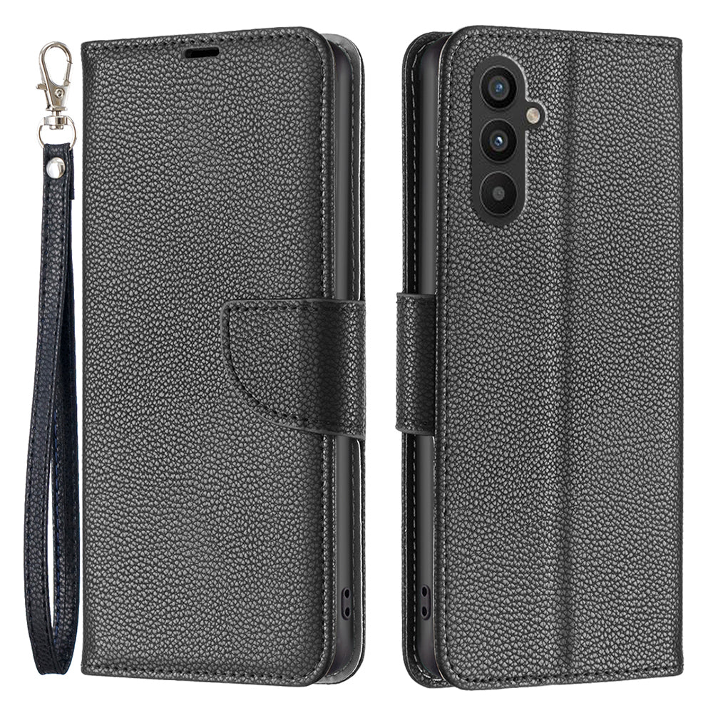 For Samsung Galaxy A24 4G PU Leather Wallet Cover Litchi Texture Flip Stand Phone Case with Strap