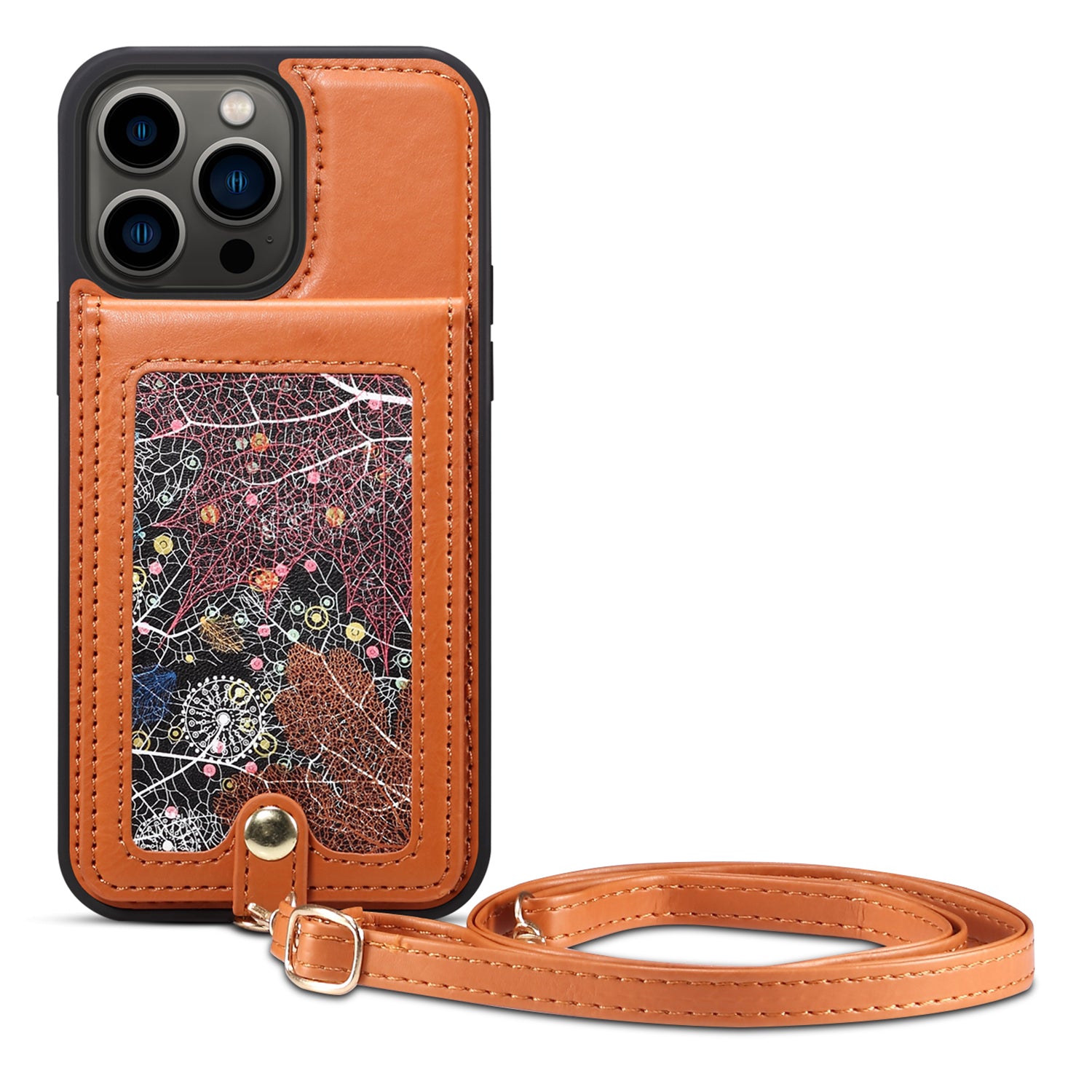 For iPhone 13 Pro Kickstand Card Holder Phone Cover PU Leather Coated TPU Case with Shoulder Strap