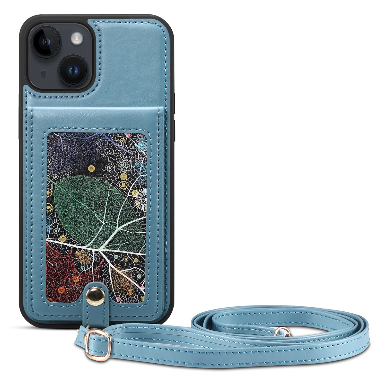 For iPhone 14/13 Cell Phone Case Card Holder Kickstand Leather Coated TPU Cover with Shoulder Strap