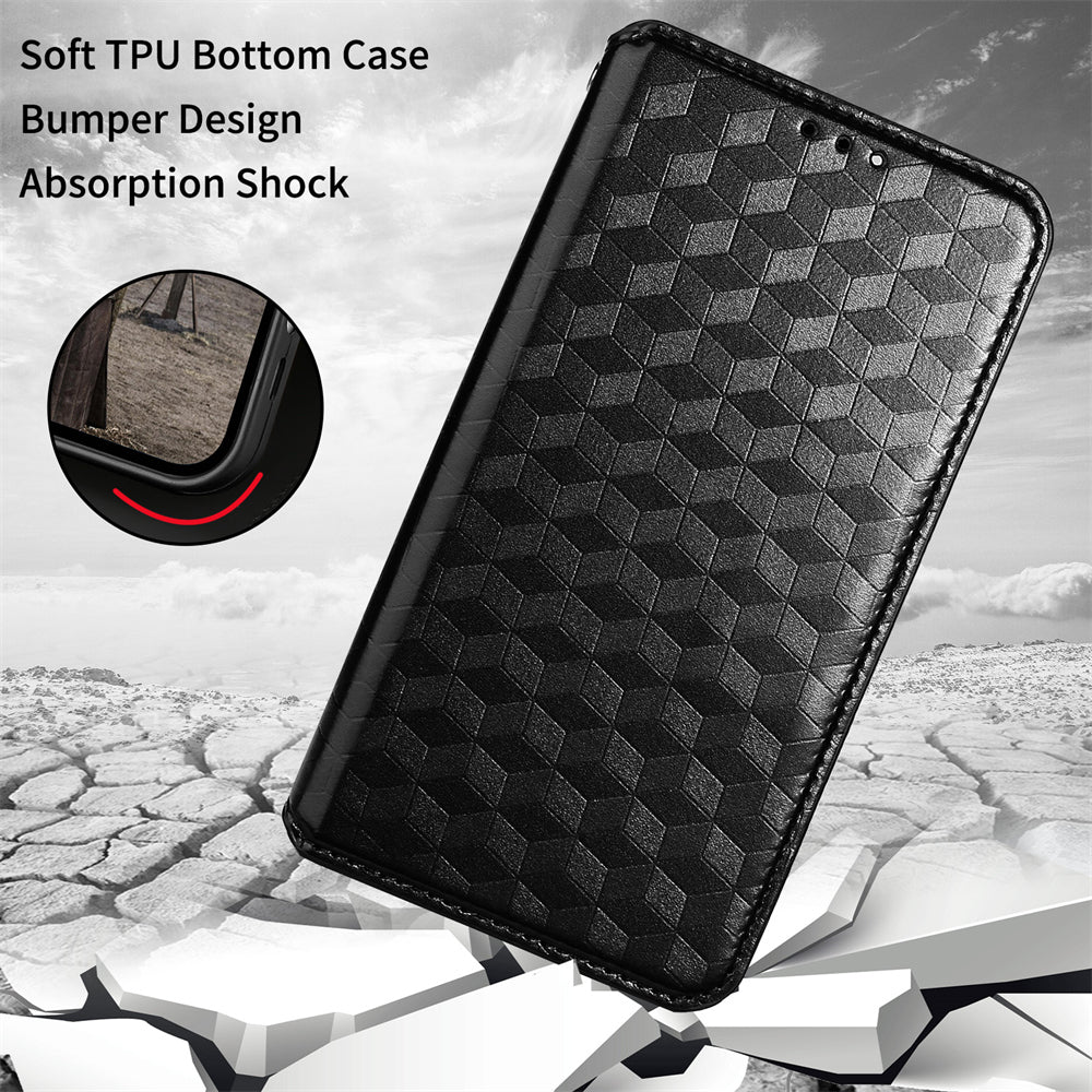 For Samsung Galaxy M14 5G Stand Phone Cover Wallet Imprinted Rhombus Pattern PU Leather TPU Phone Case