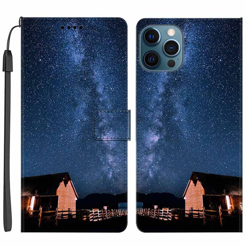 For iPhone 14 Pro Max PU Leather Wallet Flip Cover Stand Pattern Printing Phone Case with Strap