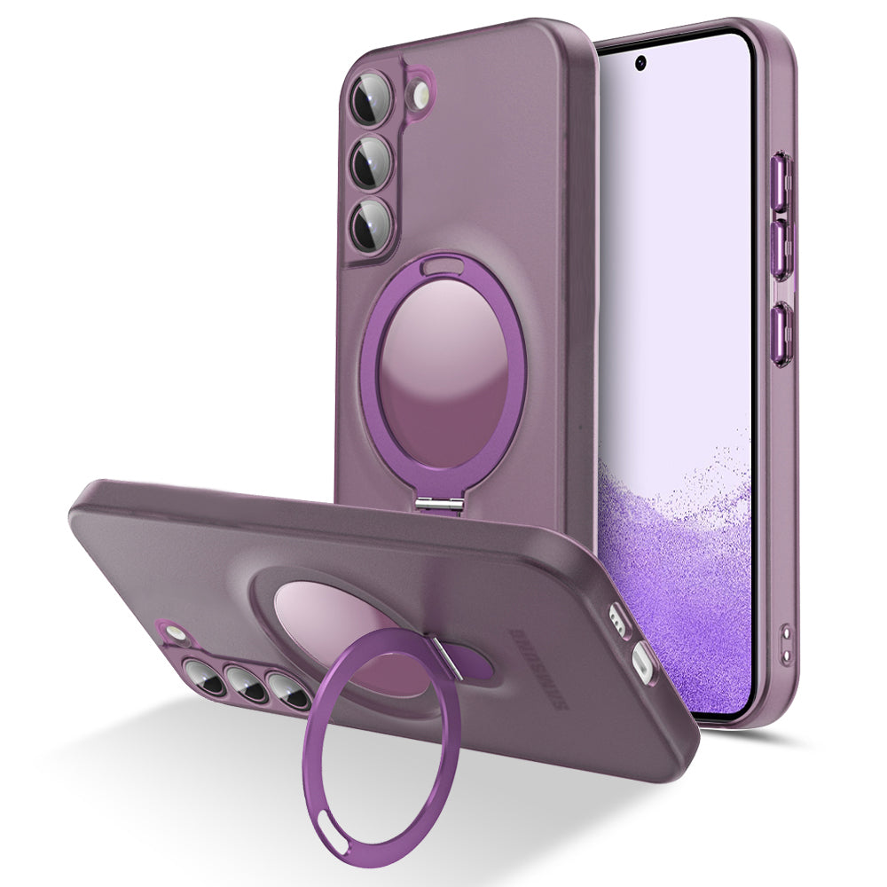 For Samsung Galaxy S22 5G Magnetic Phone Case Matte PC TPU Kickstand Cover with Glass Lens Protector