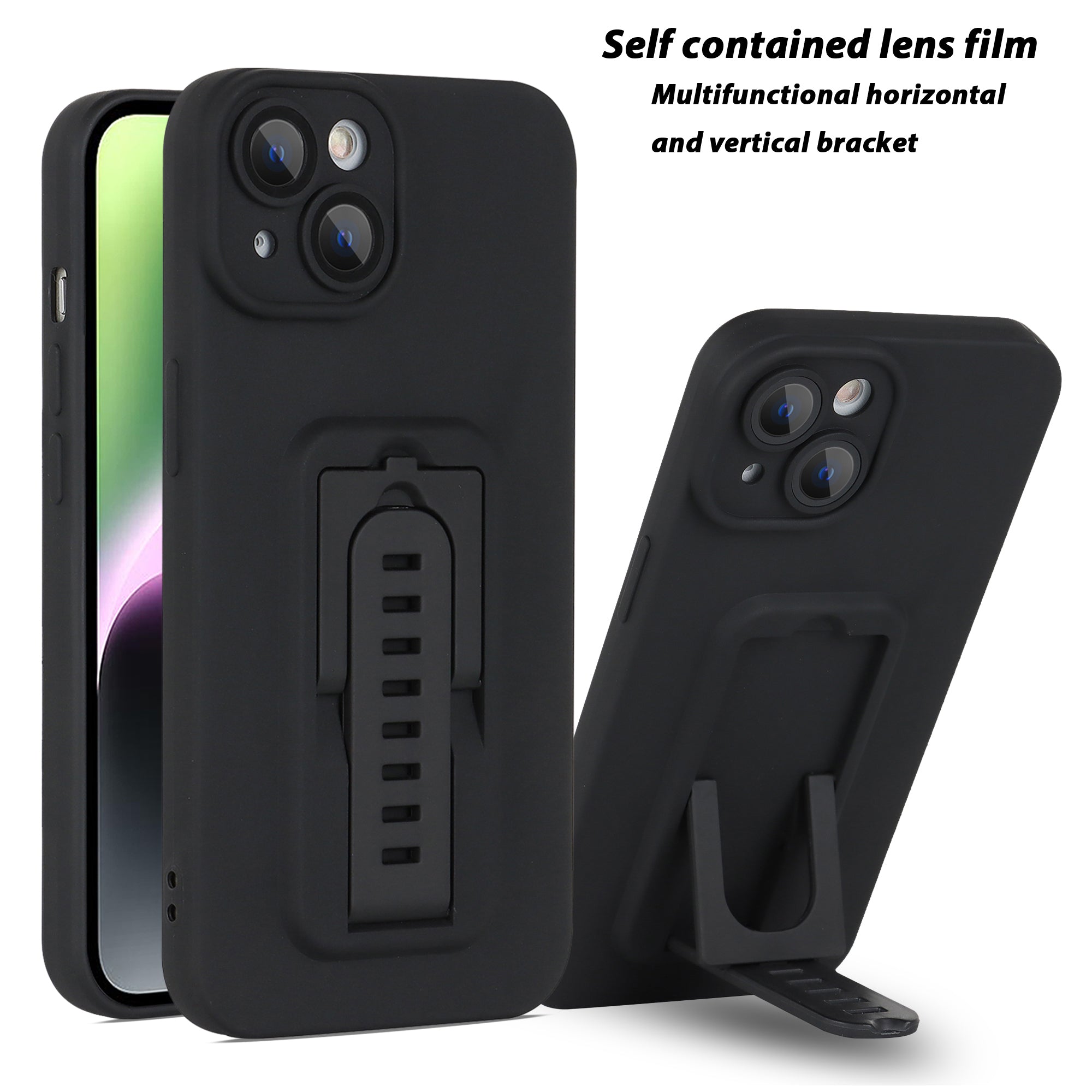 Hard Phone Cover for iPhone 14 Adjustable Kickstand Phone Case Shell with Glass Camera Film