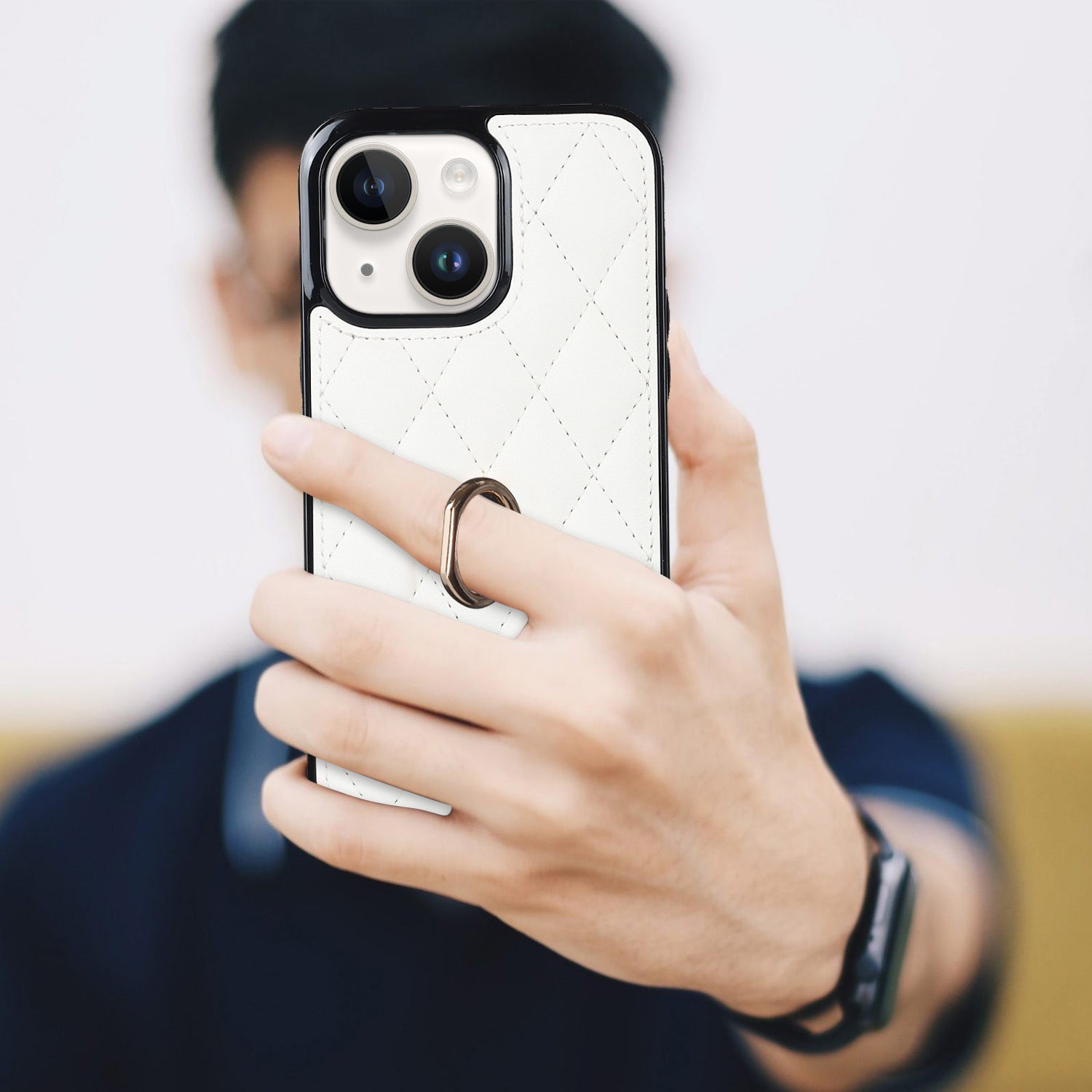 For iPhone 13 6.1 inch PU Leather TPU Phone Case Stitching Rhombus Ring Holder Kickstand Phone Cover