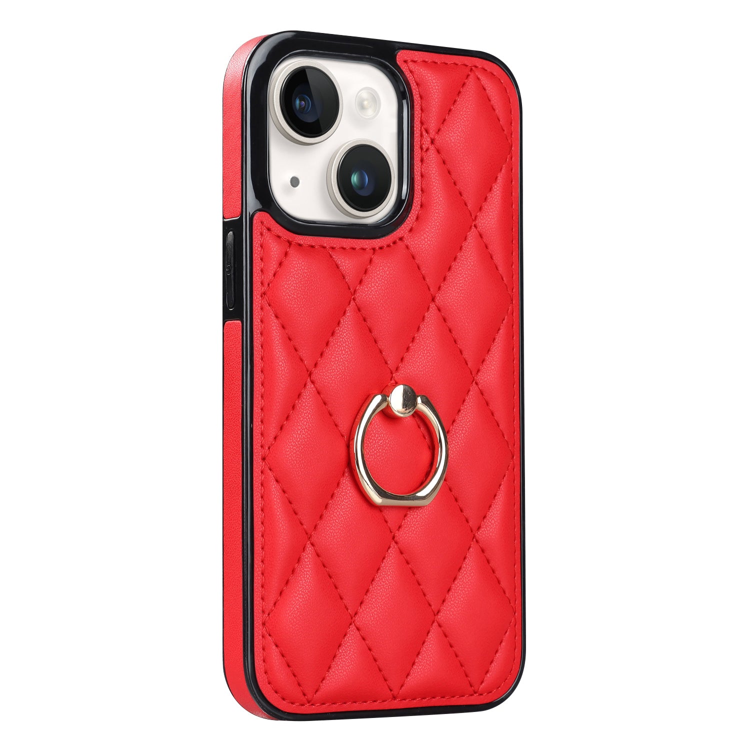 For iPhone 13 6.1 inch PU Leather TPU Phone Case Stitching Rhombus Ring Holder Kickstand Phone Cover
