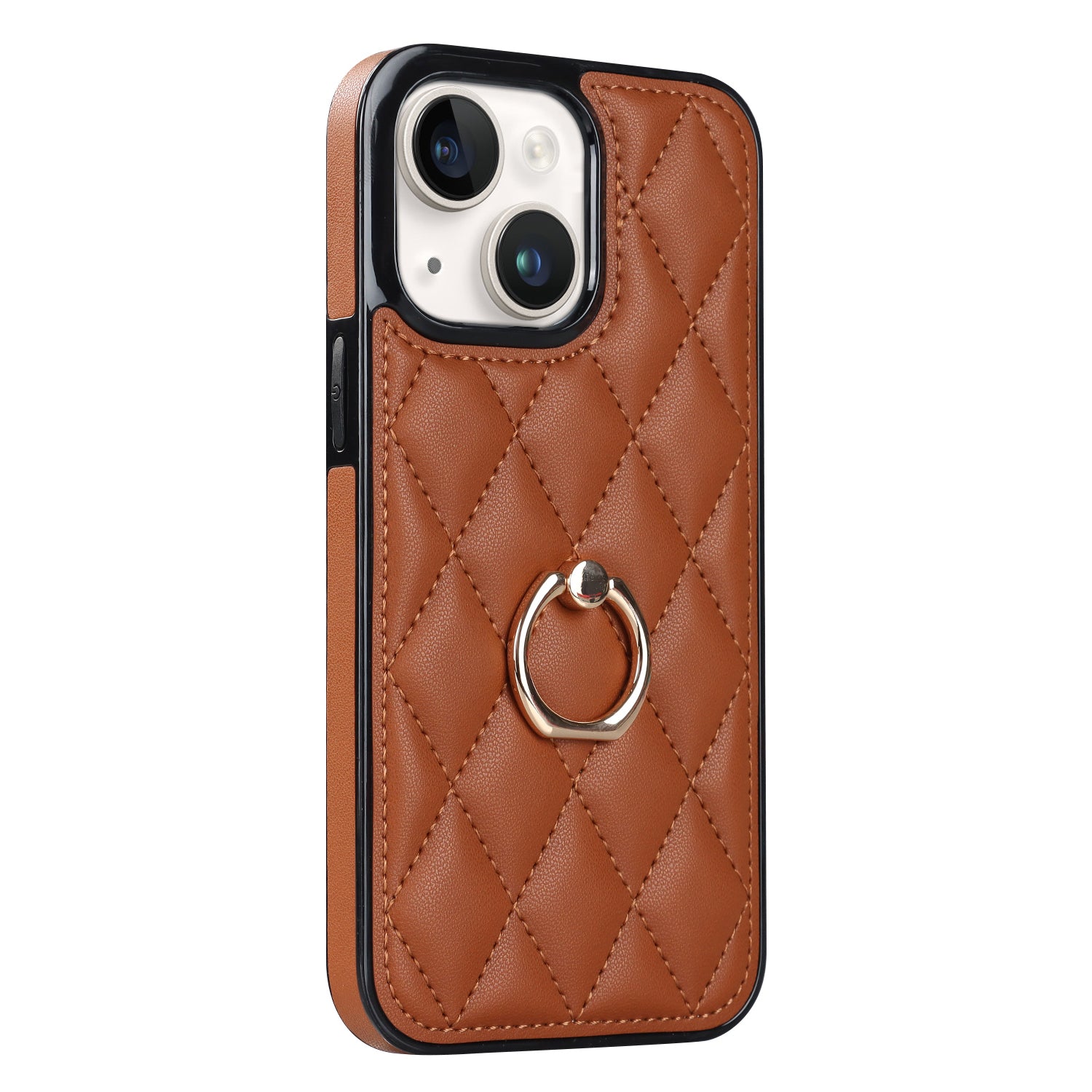 For iPhone 13 6.1 inch PU Leather TPU Phone Case Stitching Rhombus Ring Holder Kickstand Phone Cover