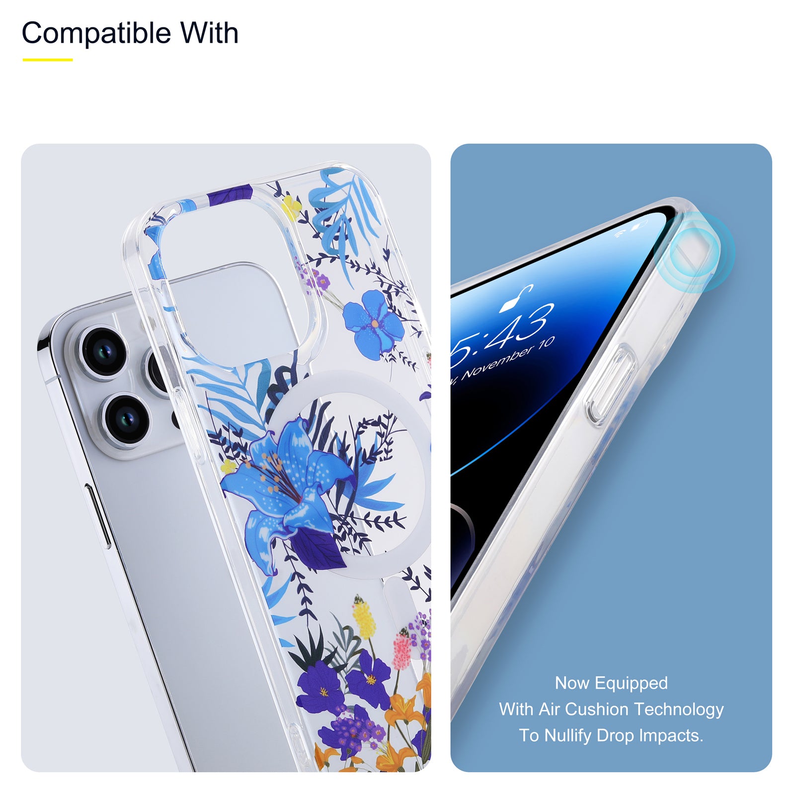 Spring Series Phone Case for iPhone 13 Pro 6.1 inch Compatible with MagSafe Clear TPU Flower IMD Cover