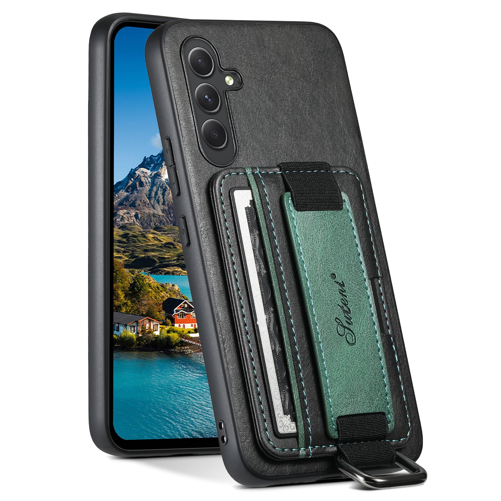 SUTENI H13 For Samsung Galaxy A14 5G Kickstand Case with Hand Strap Card Holder Leather Coated PC TPU Phone Cover