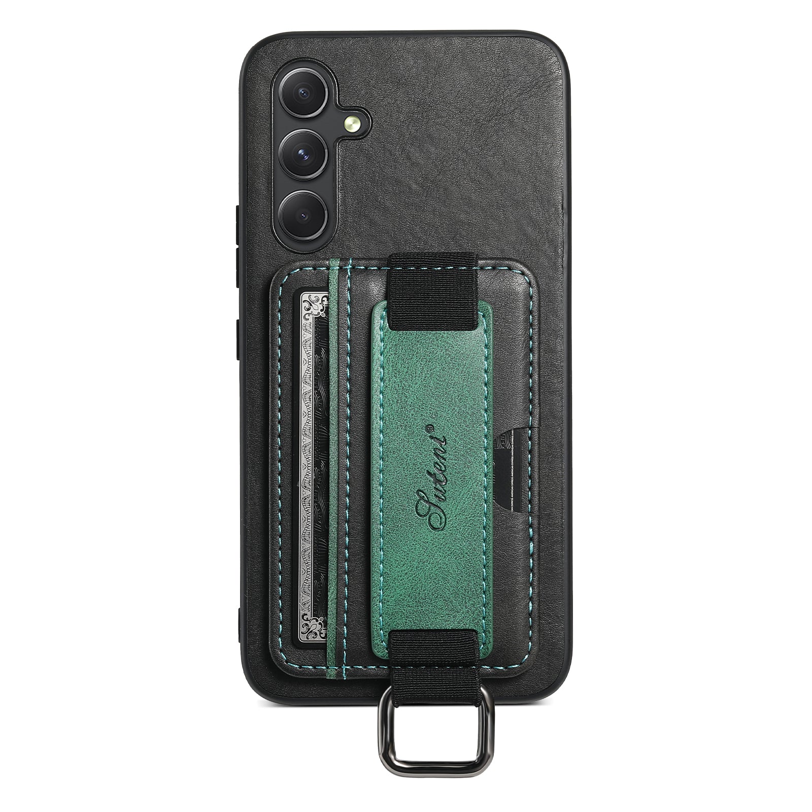 SUTENI H13 Card Holder Phone Shell for Samsung Galaxy A54 5G Leather Coated PC TPU Kickstand Case with Hand Strap