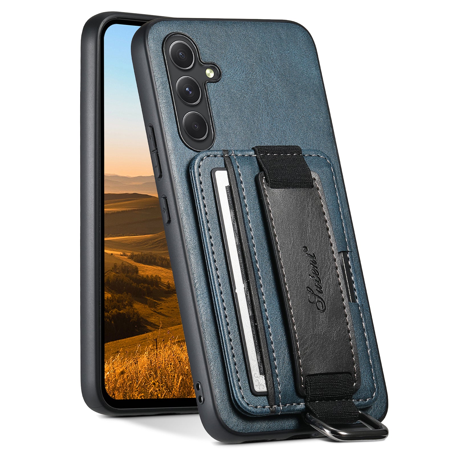 SUTENI H13 Card Holder Phone Shell for Samsung Galaxy A54 5G Leather Coated PC TPU Kickstand Case with Hand Strap