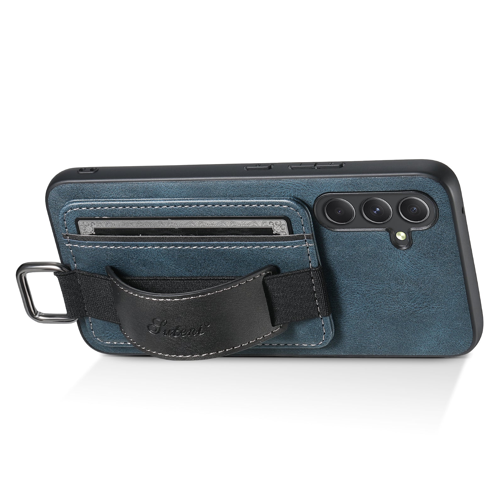 SUTENI H13 Card Holder Phone Shell for Samsung Galaxy A54 5G Leather Coated PC TPU Kickstand Case with Hand Strap