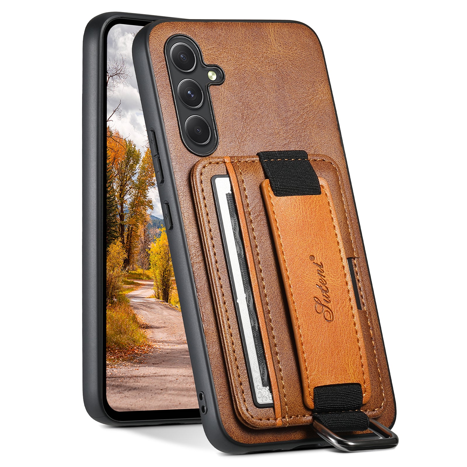 SUTENI H13 Card Holder Phone Shell for Samsung Galaxy A54 5G Leather Coated PC TPU Kickstand Case with Hand Strap