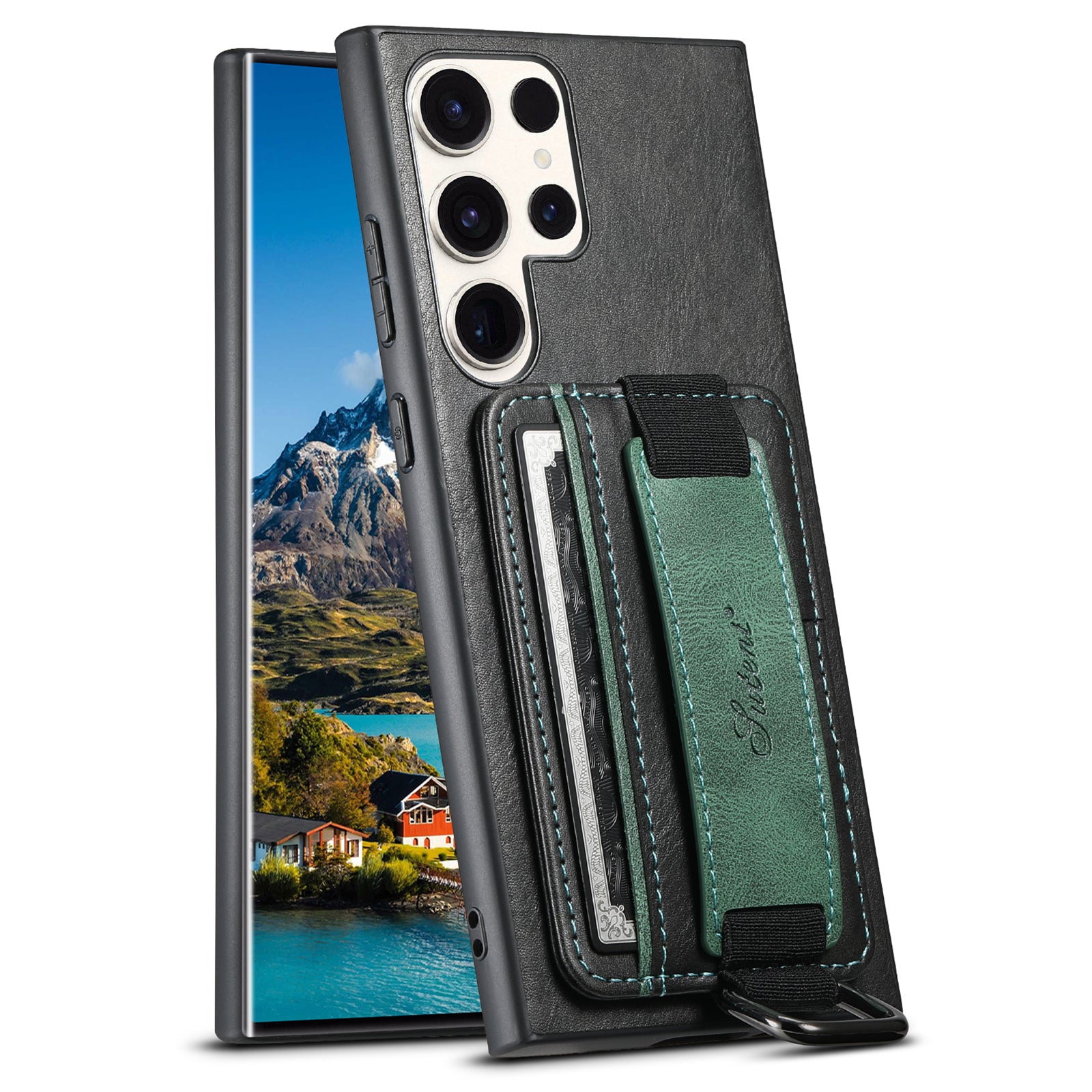 SUTENI H13 For Samsung Galaxy S23 Ultra Card Holder Phone Cover Leather Coated PC TPU Shell Kickstand Case with Hand Strap