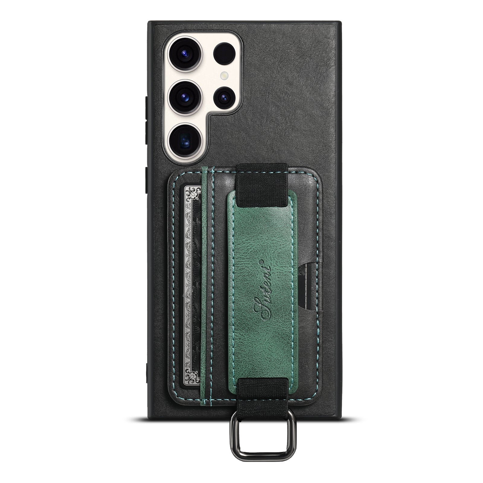 SUTENI H13 For Samsung Galaxy S23 Ultra Card Holder Phone Cover Leather Coated PC TPU Shell Kickstand Case with Hand Strap