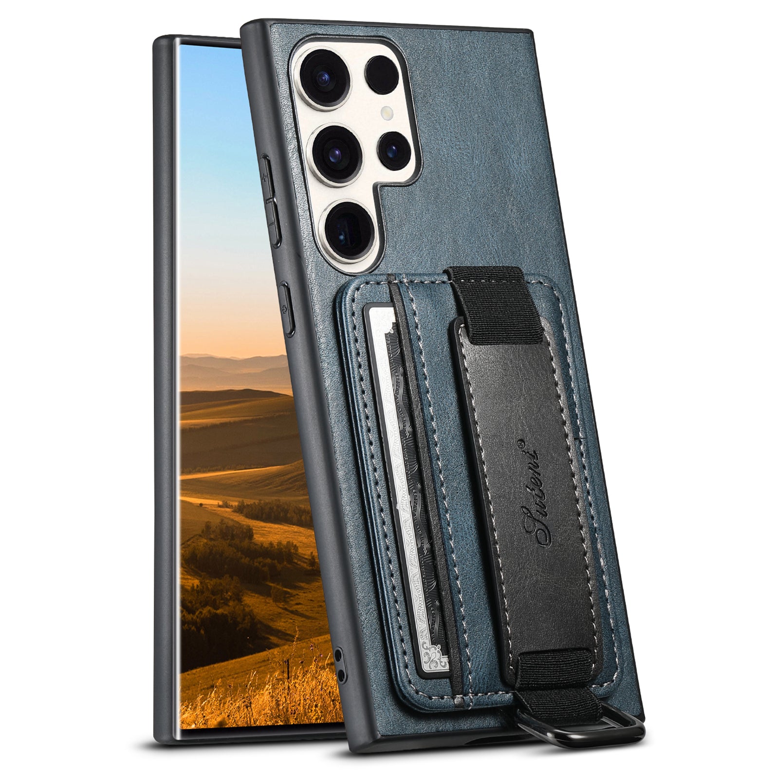 SUTENI H13 For Samsung Galaxy S23 Ultra Card Holder Phone Cover Leather Coated PC TPU Shell Kickstand Case with Hand Strap