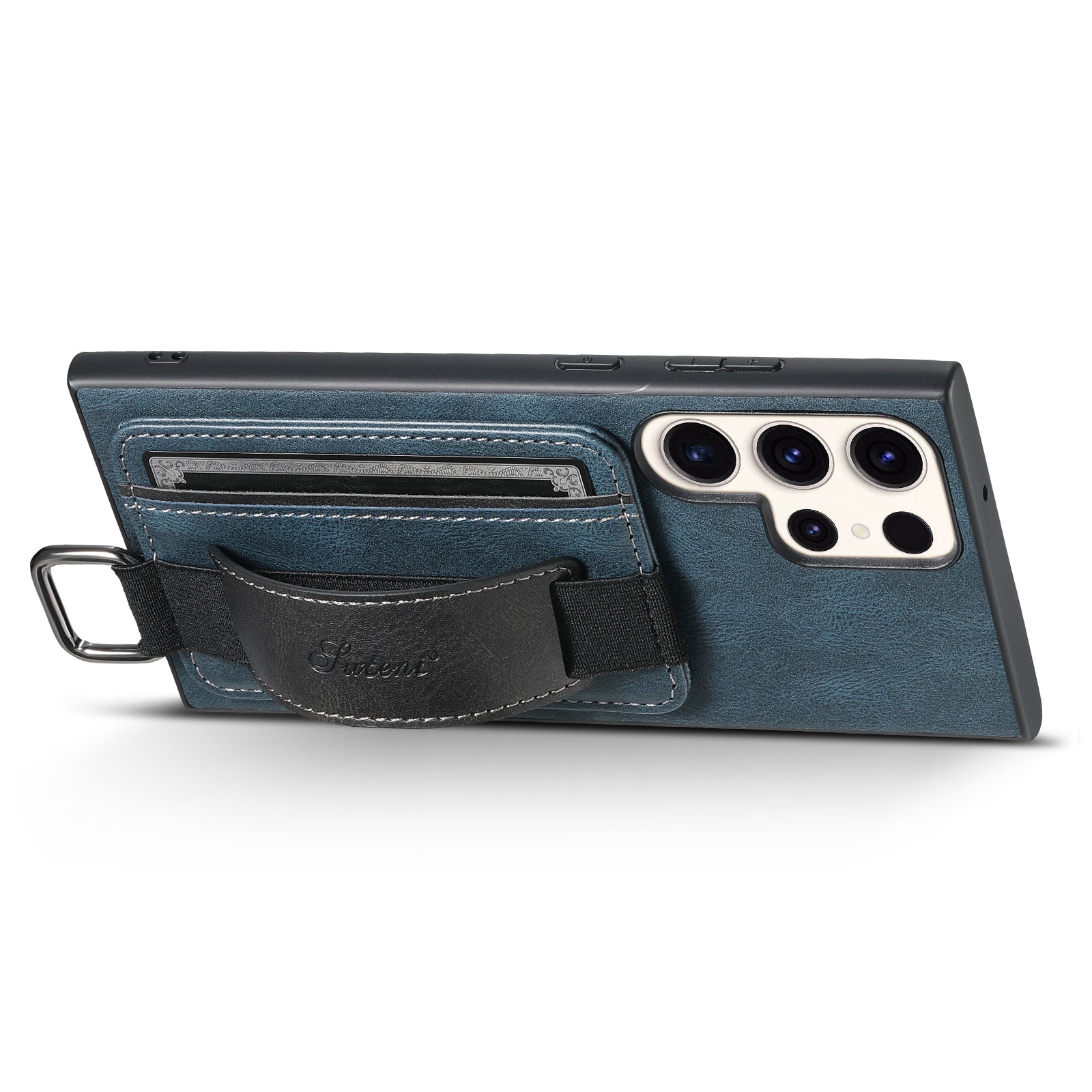 SUTENI H13 For Samsung Galaxy S23 Ultra Card Holder Phone Cover Leather Coated PC TPU Shell Kickstand Case with Hand Strap