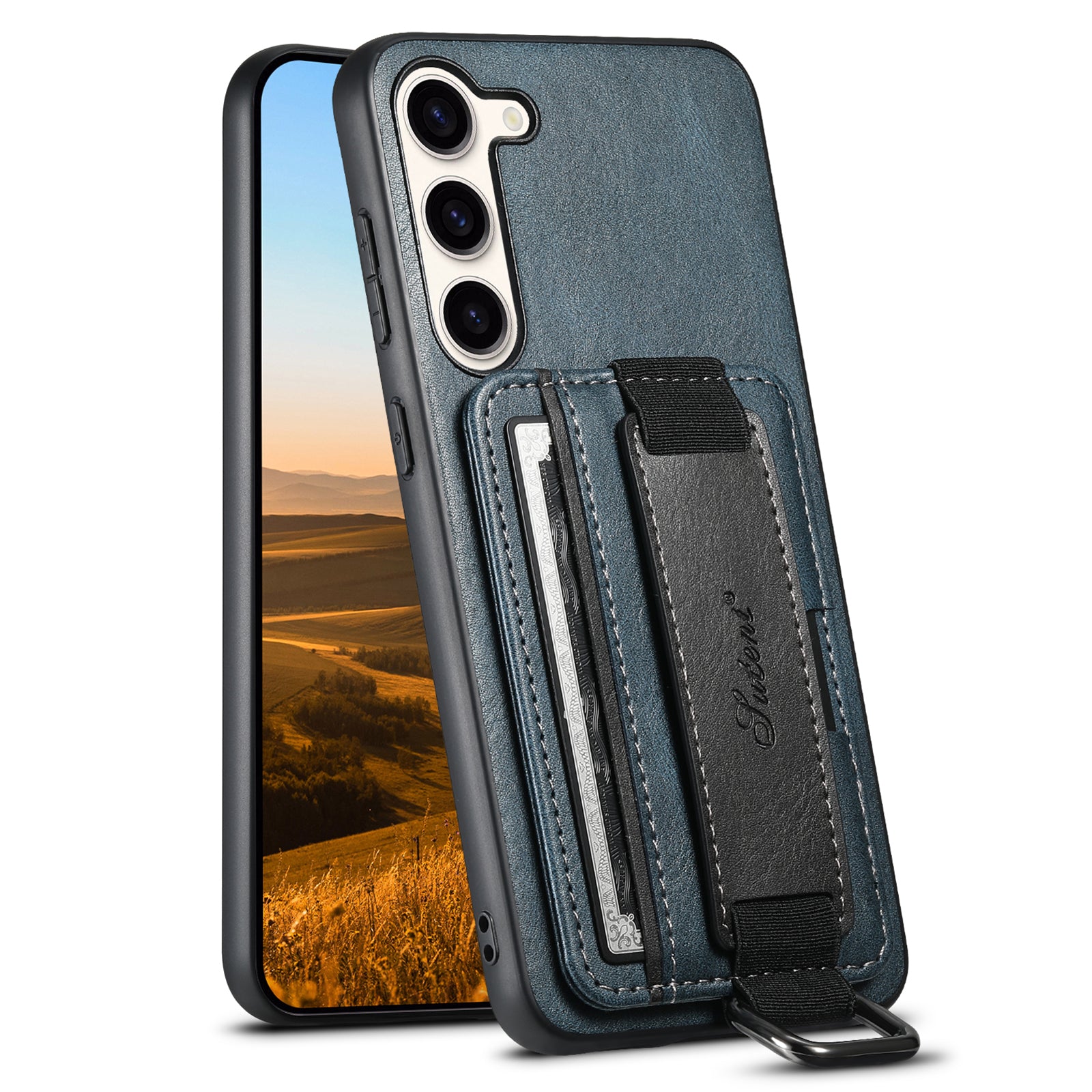 SUTENI H13 Kickstand Back Case for Samsung Galaxy S23 with Hand Strap Card Holder Leather Coated PC TPU Phone Cover