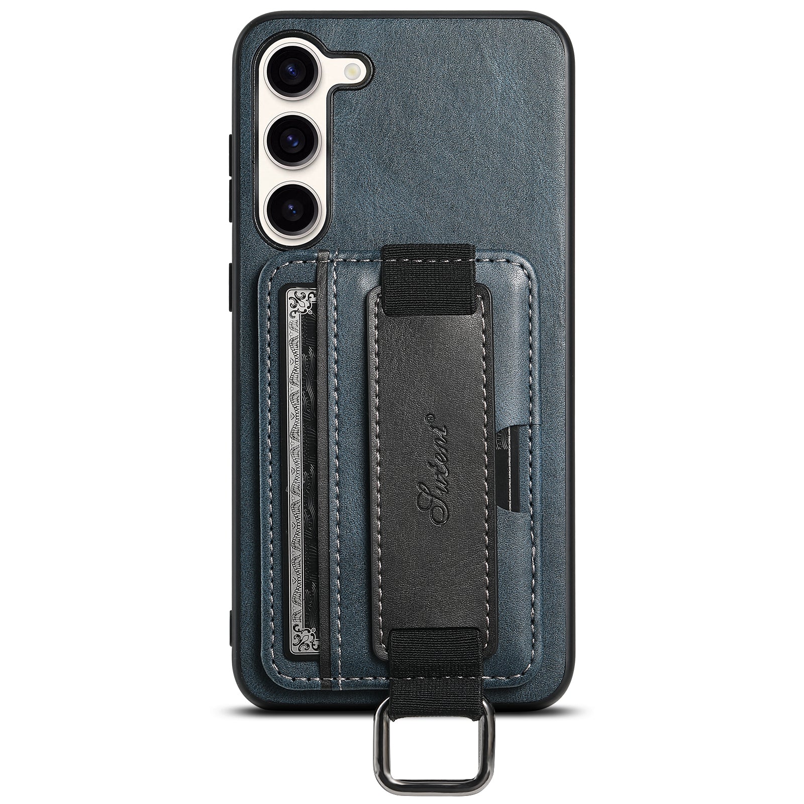 SUTENI H13 Kickstand Back Case for Samsung Galaxy S23 with Hand Strap Card Holder Leather Coated PC TPU Phone Cover