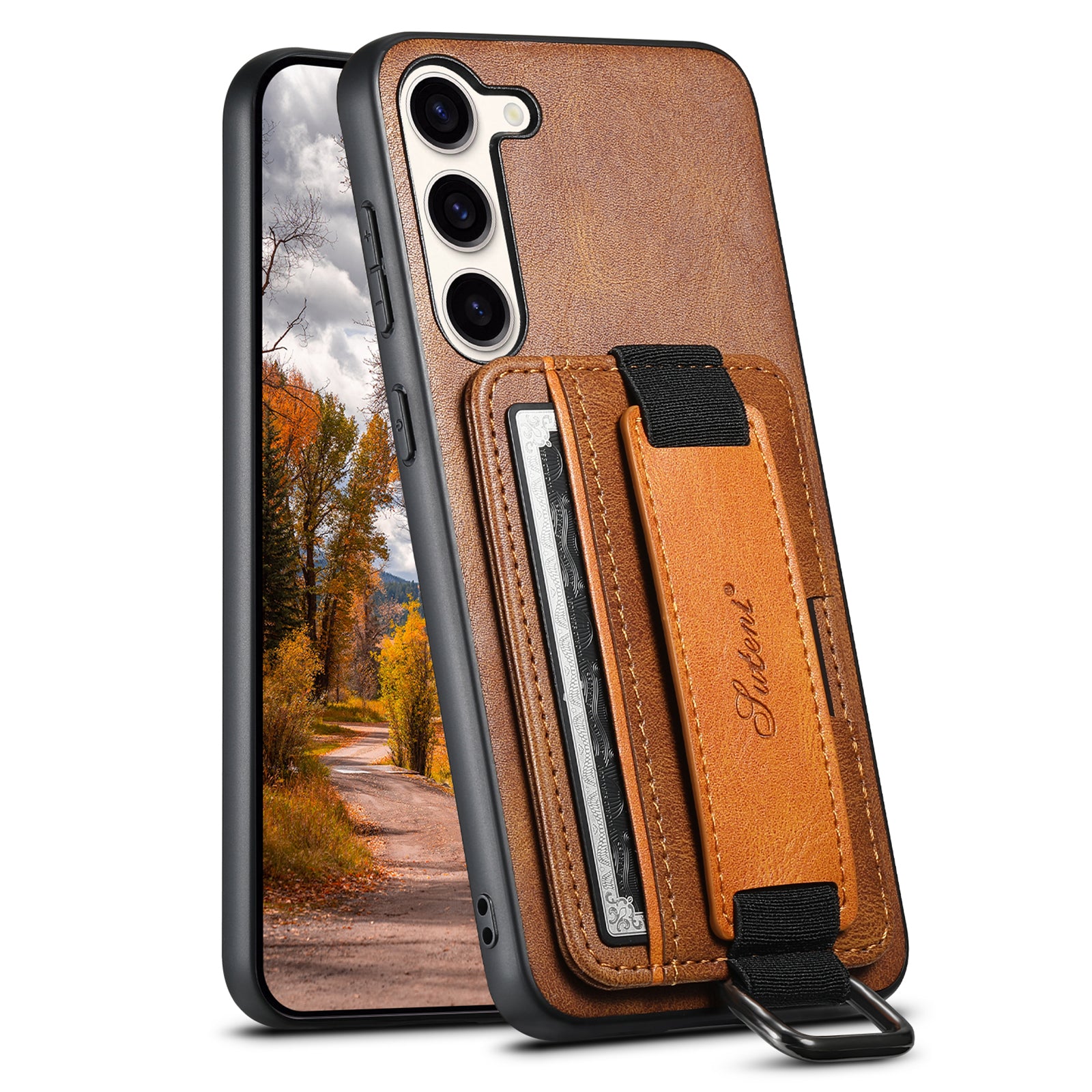 SUTENI H13 Kickstand Back Case for Samsung Galaxy S23 with Hand Strap Card Holder Leather Coated PC TPU Phone Cover