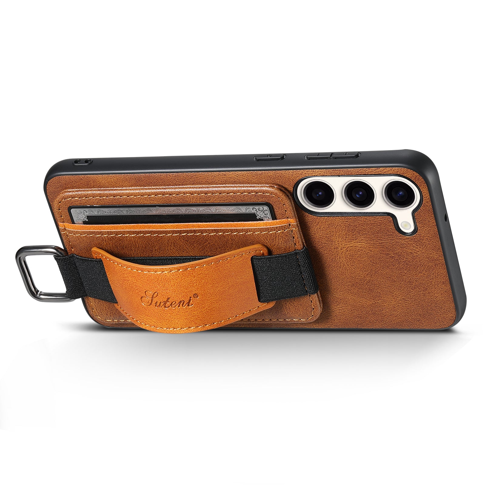 SUTENI H13 Kickstand Back Case for Samsung Galaxy S23 with Hand Strap Card Holder Leather Coated PC TPU Phone Cover