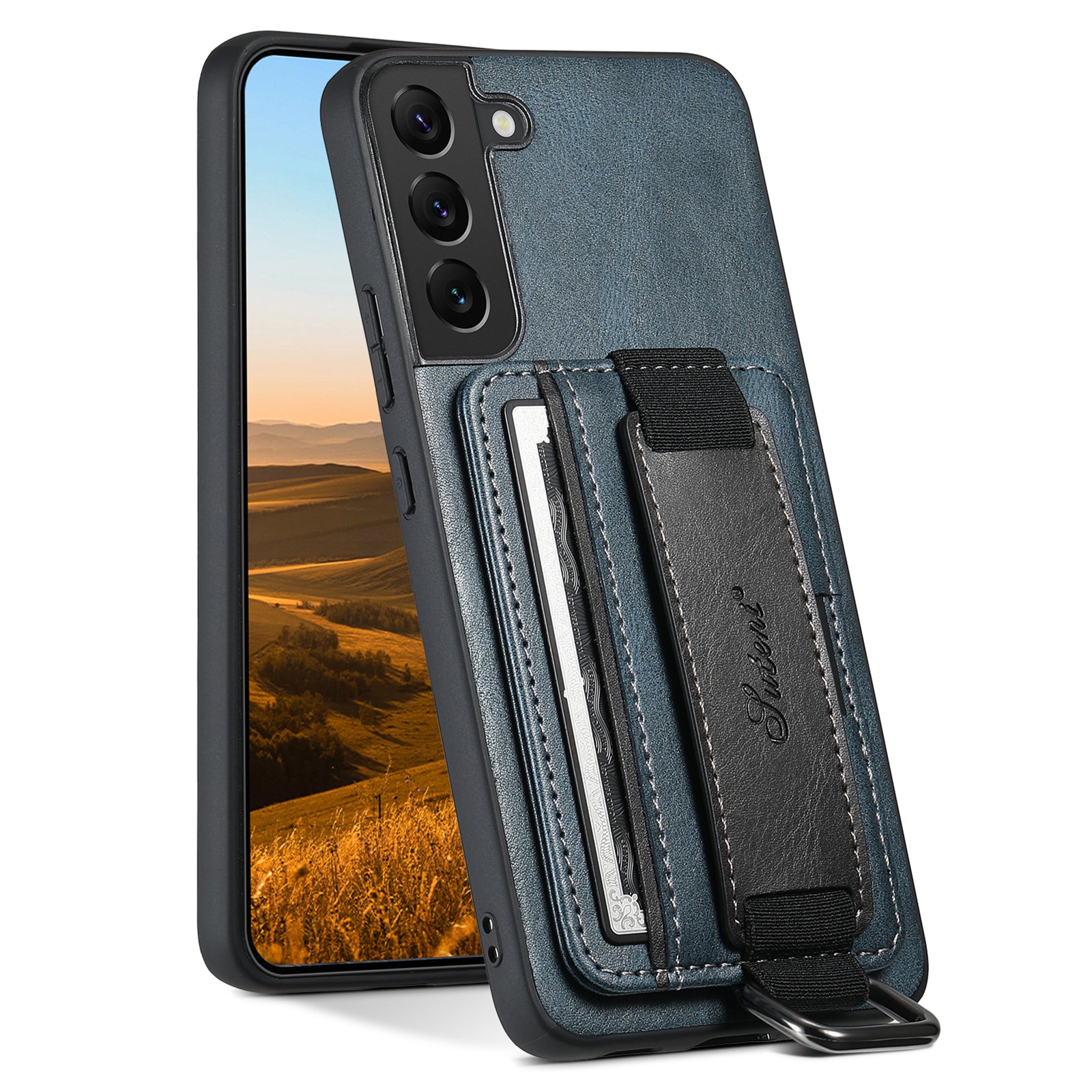 SUTENI H13 Back Case for Samsung Galaxy S22 5G Card Holder Leather Coated PC TPU Phone Kickstand Cover with Hand Strap