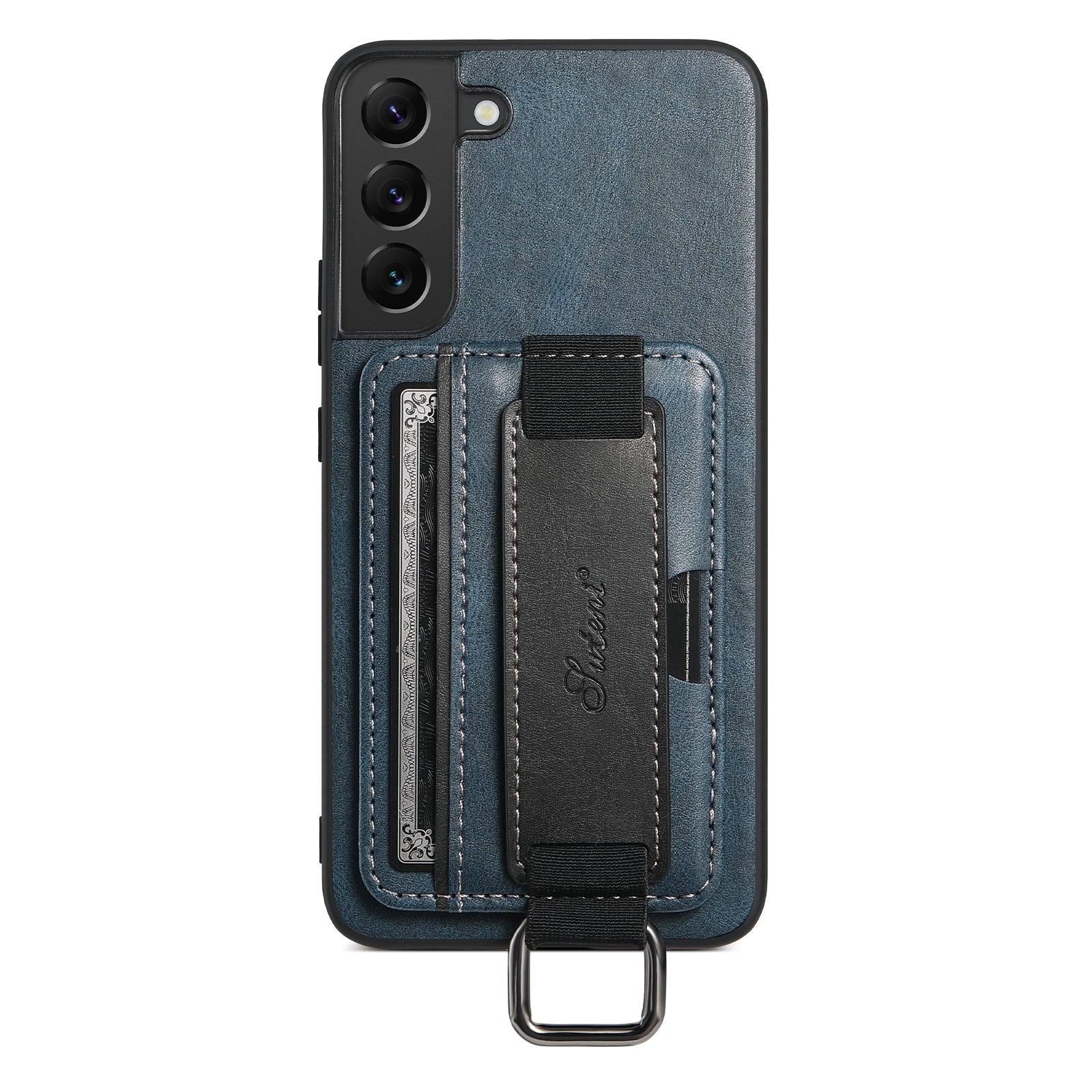 SUTENI H13 Back Case for Samsung Galaxy S22 5G Card Holder Leather Coated PC TPU Phone Kickstand Cover with Hand Strap
